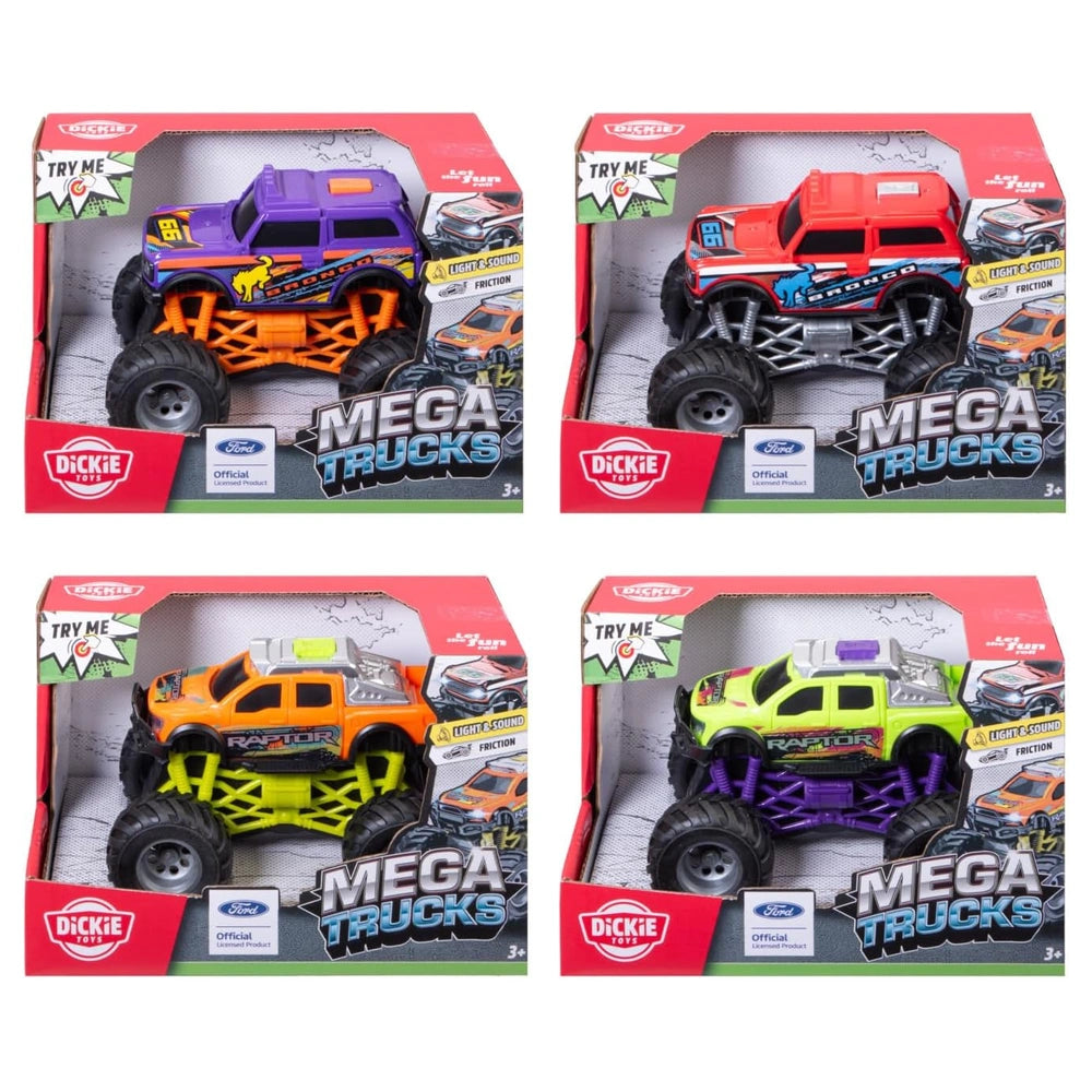 Dickie Toys - Ford Mega Trucks - 18cm Friction Monster Truck with Light & Sound - Age +3 - Play Vehicles - Random Color Selection