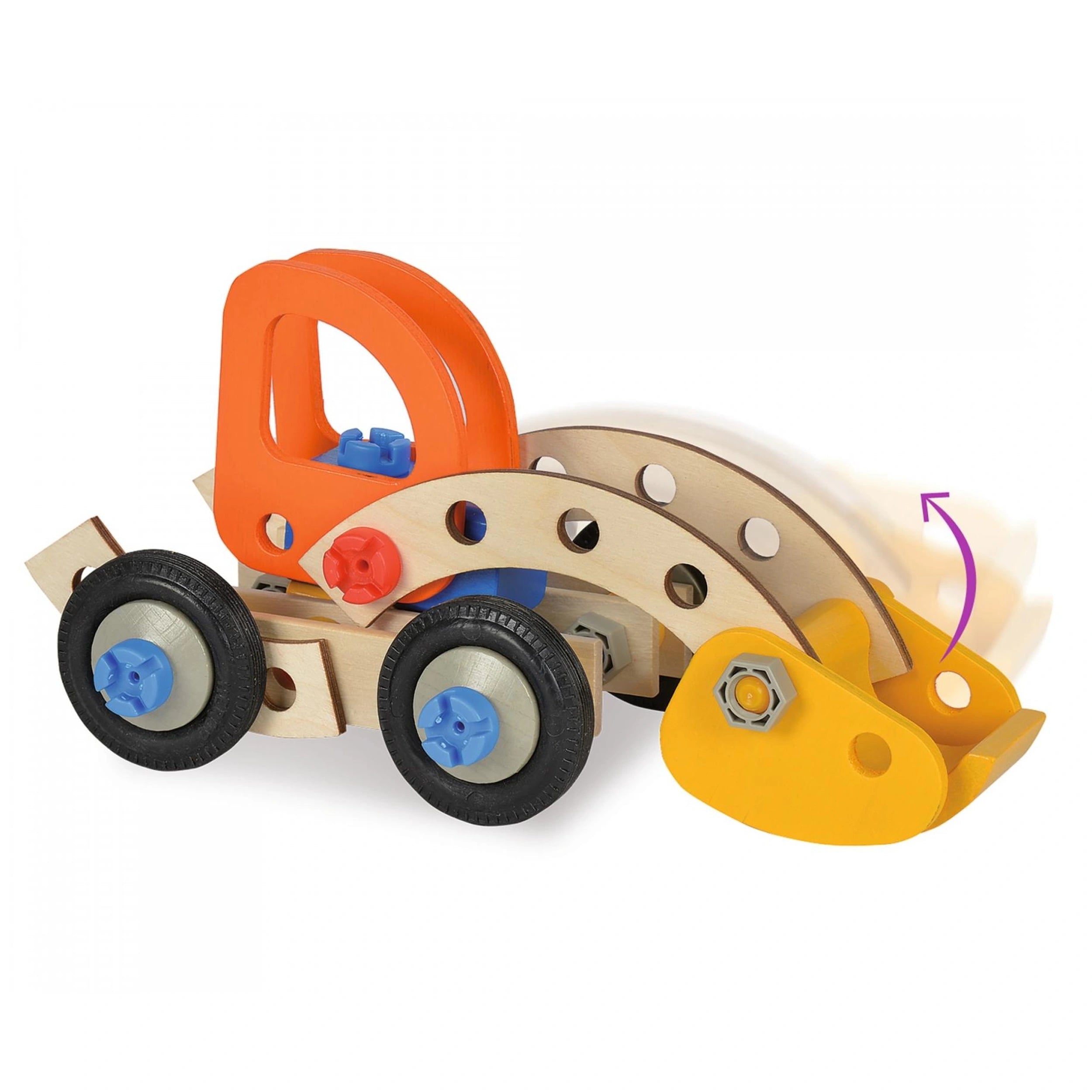 Eichhorn Constructor 3in1 construction set features an orange plastic vehicle body, wooden frame, and blue wheels.
