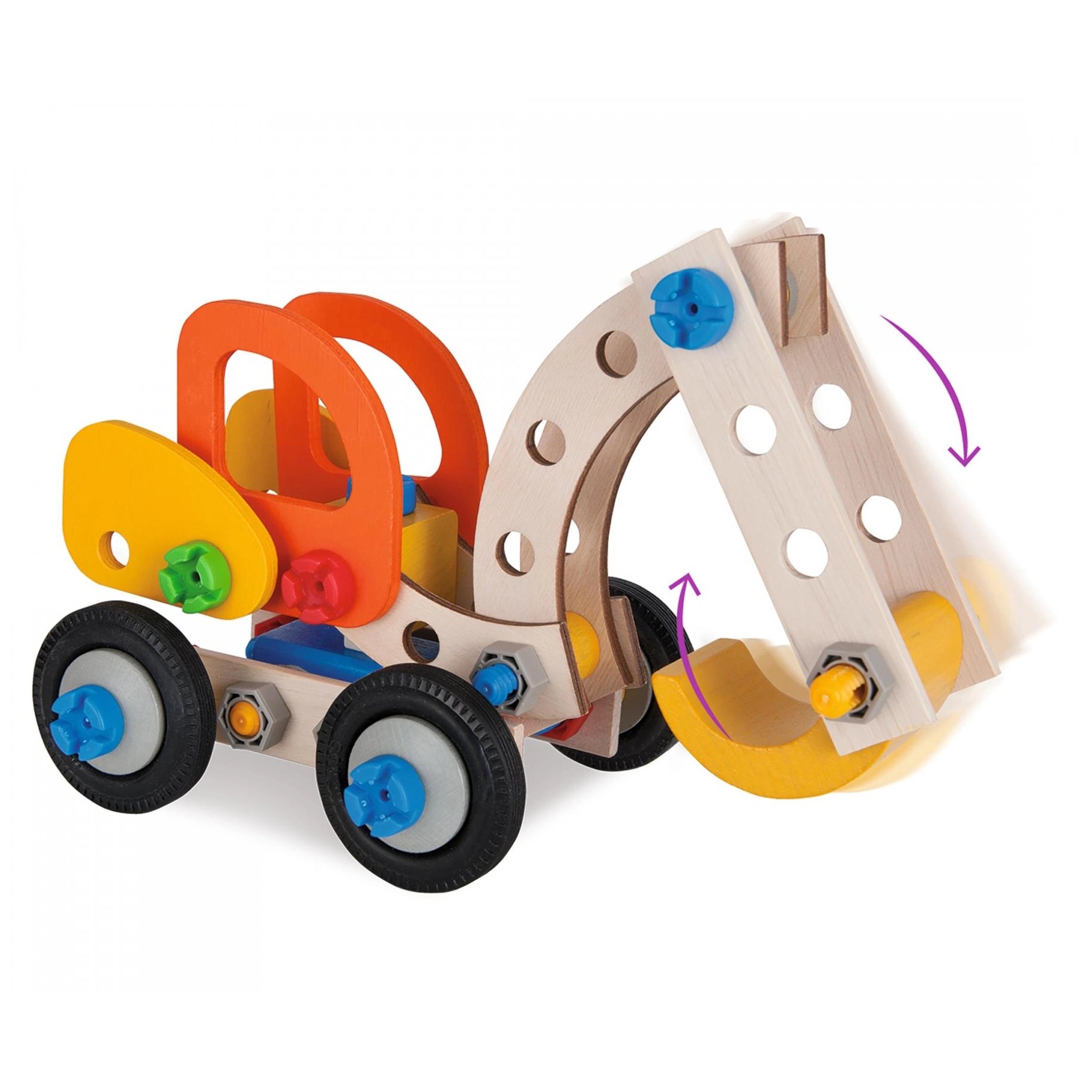 Eichhorn Constructor 3in1 construction set features a wooden base with colorful plastic wheels, connectors, and pulleys.