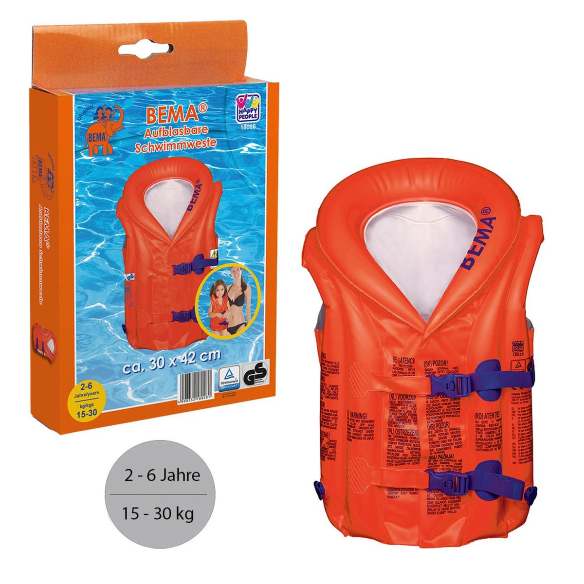 Happy People - Bema Opblaasbaar Redvest Van 2-6 Jaar 15-30Kg Oranje/Blauw 30X42Cm