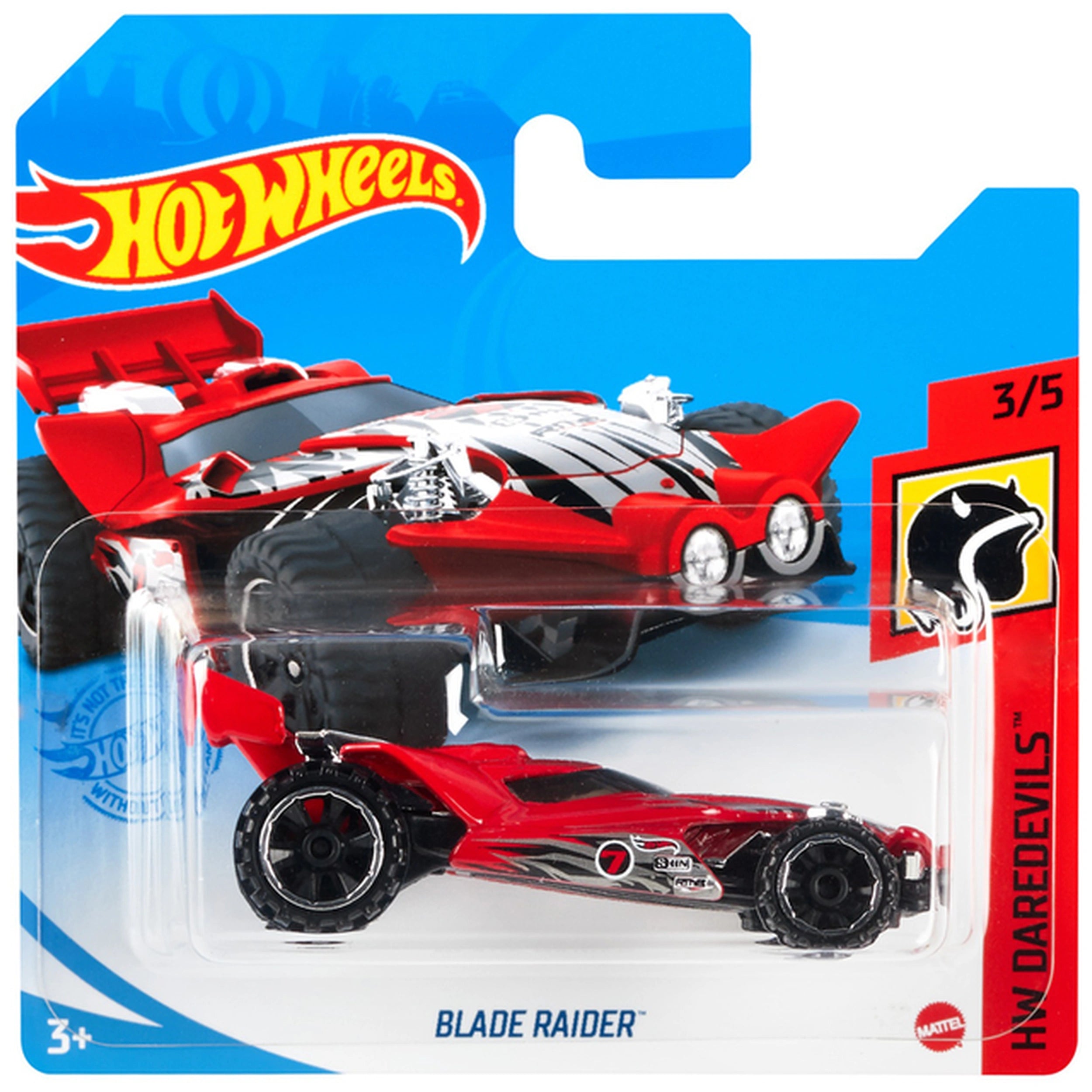 Hot Wheels Blade Raider 1:64 die-cast vehicle in red and black, displayed in glossy blue retail packaging with a transparent 