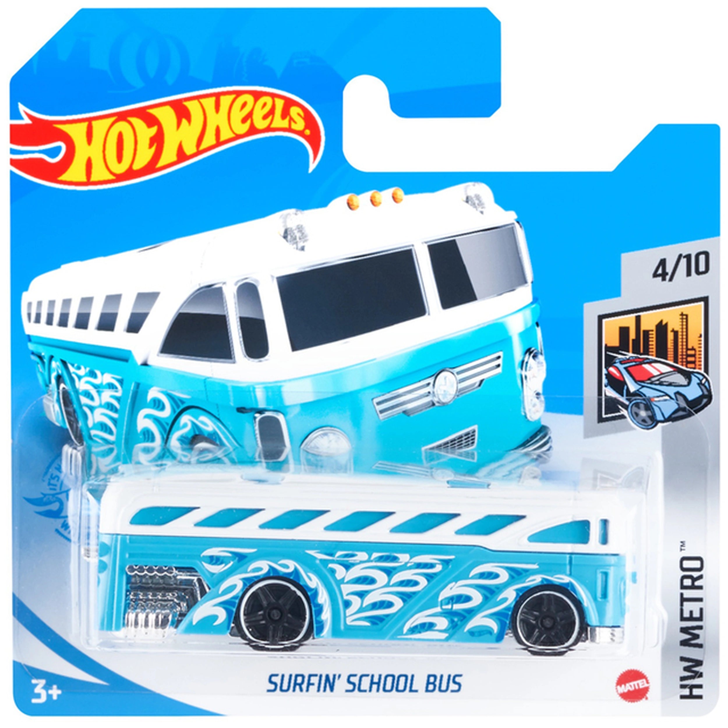 Hot Wheels HW Racing Track toy bus in blue and white design, displayed in glossy packaging with clear plastic window.