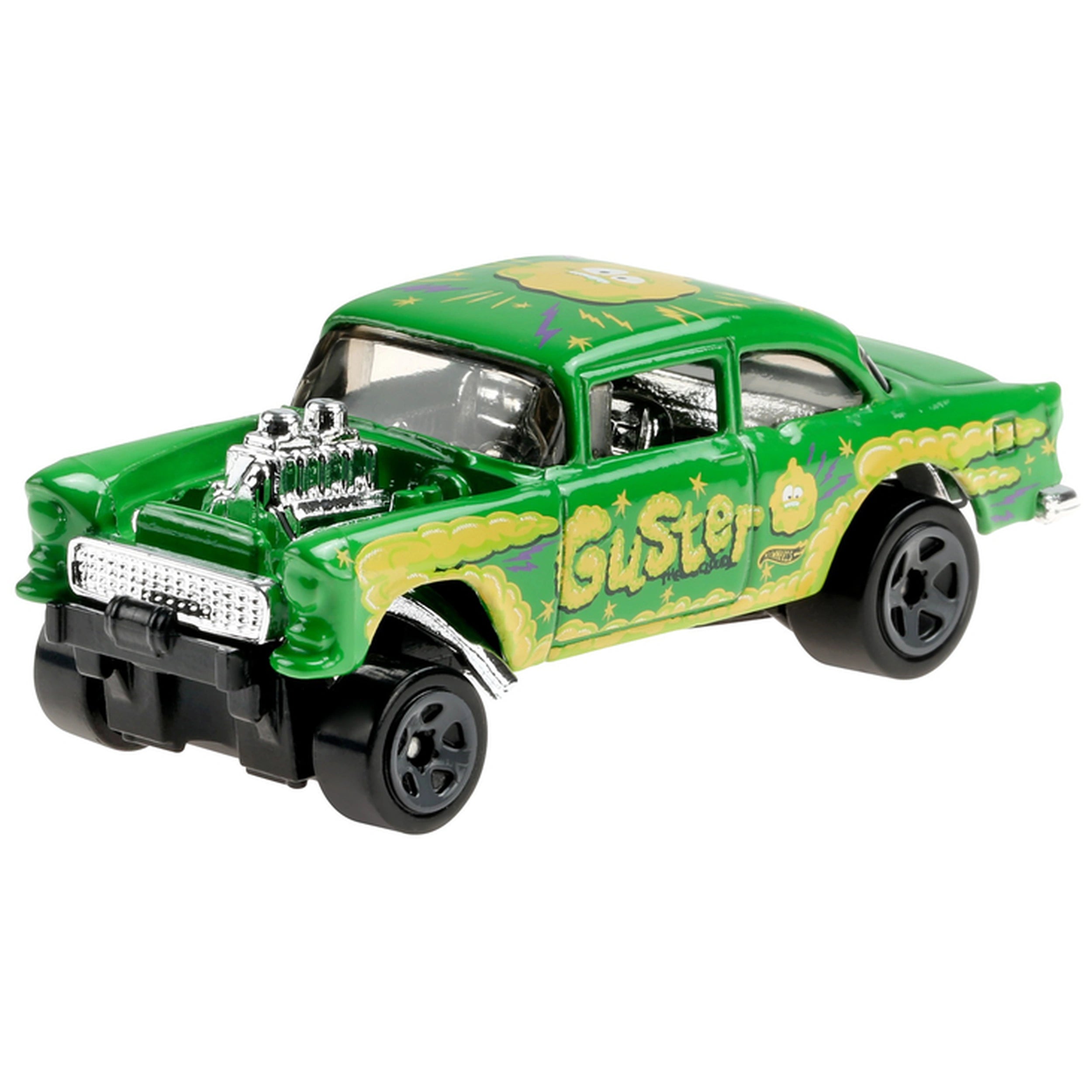 Hot Wheels 1:64 die cast vehicle in green with glossy finish, yellow roof, transparent windows, and shiny black wheels.