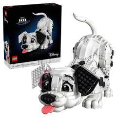 LEGO 101 Dalmatians Puppy set featuring a playful Dalmatian puppy in white and black with a wagging tail and pink tongue, alongside its colorful box.