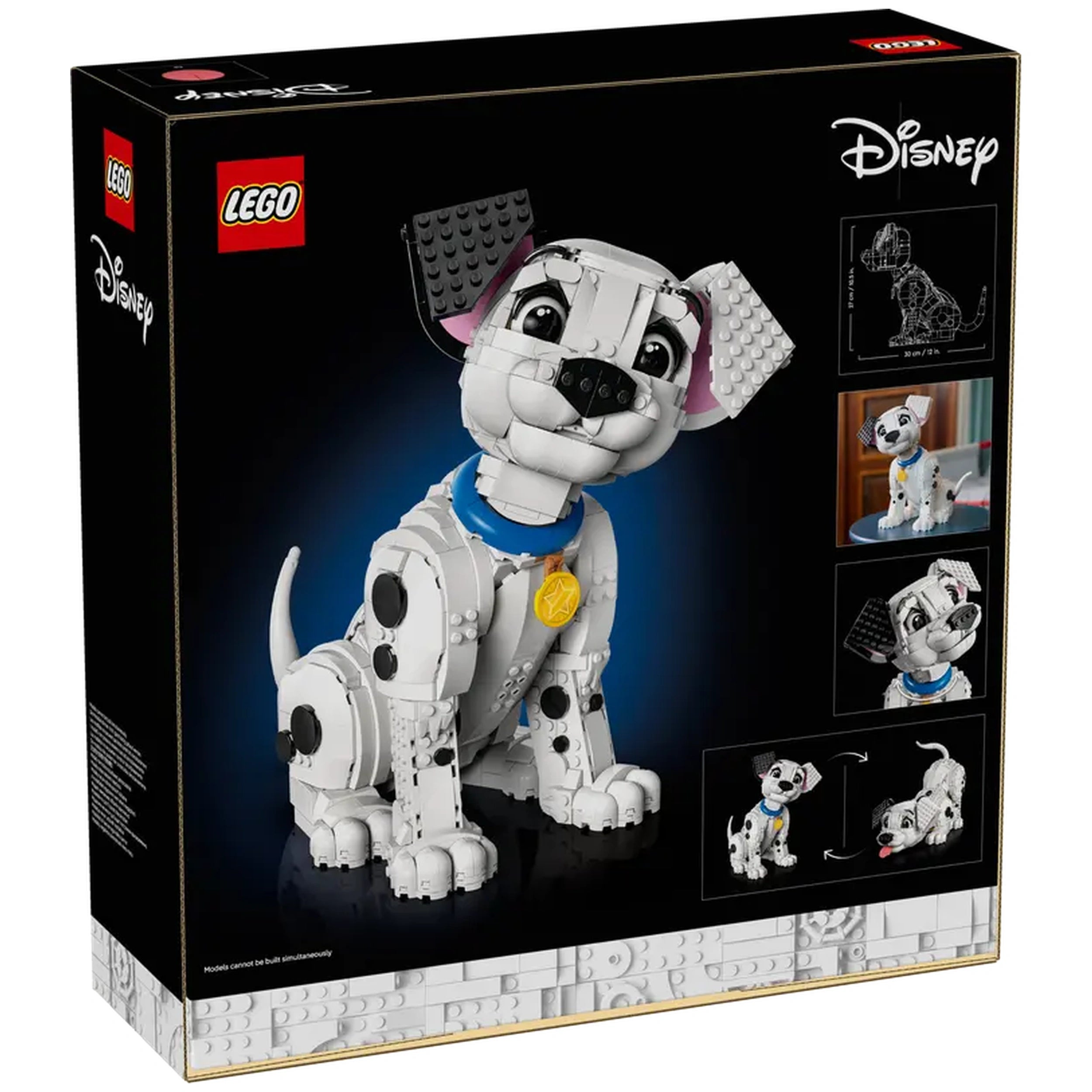 LEGO 101 Dalmatians Puppy Construction Set packaging featuring a detailed, smiling Dalmatian puppy in shades of white and black, wearing a blue collar with a star tag. The background is black, highlighting the puppy figurine, while smaller images show different angles and features of the set.