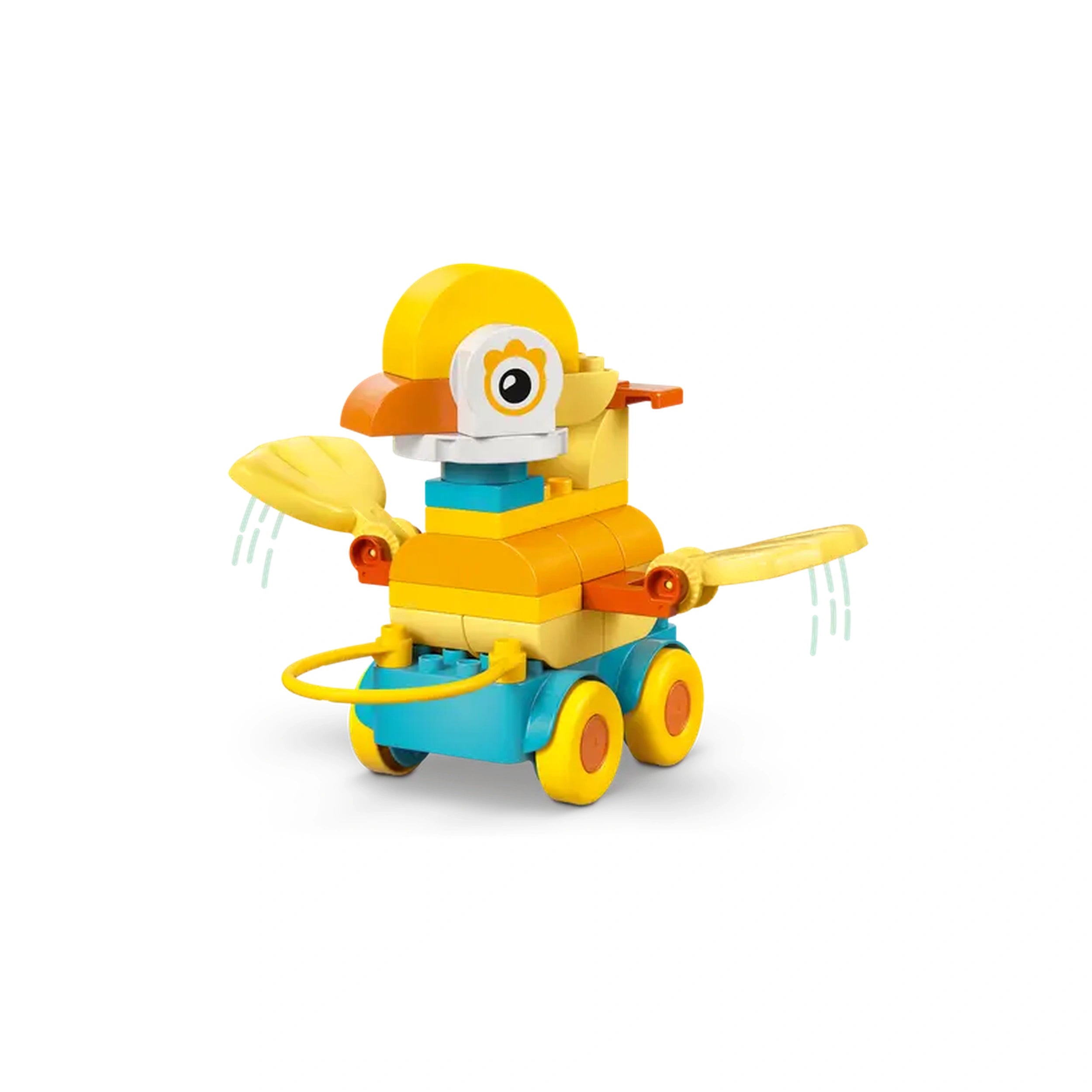 Colorful LEGO duck toy on wheels with flapping wings, a bright yellow head, and a handle for toddlers to pull or push.