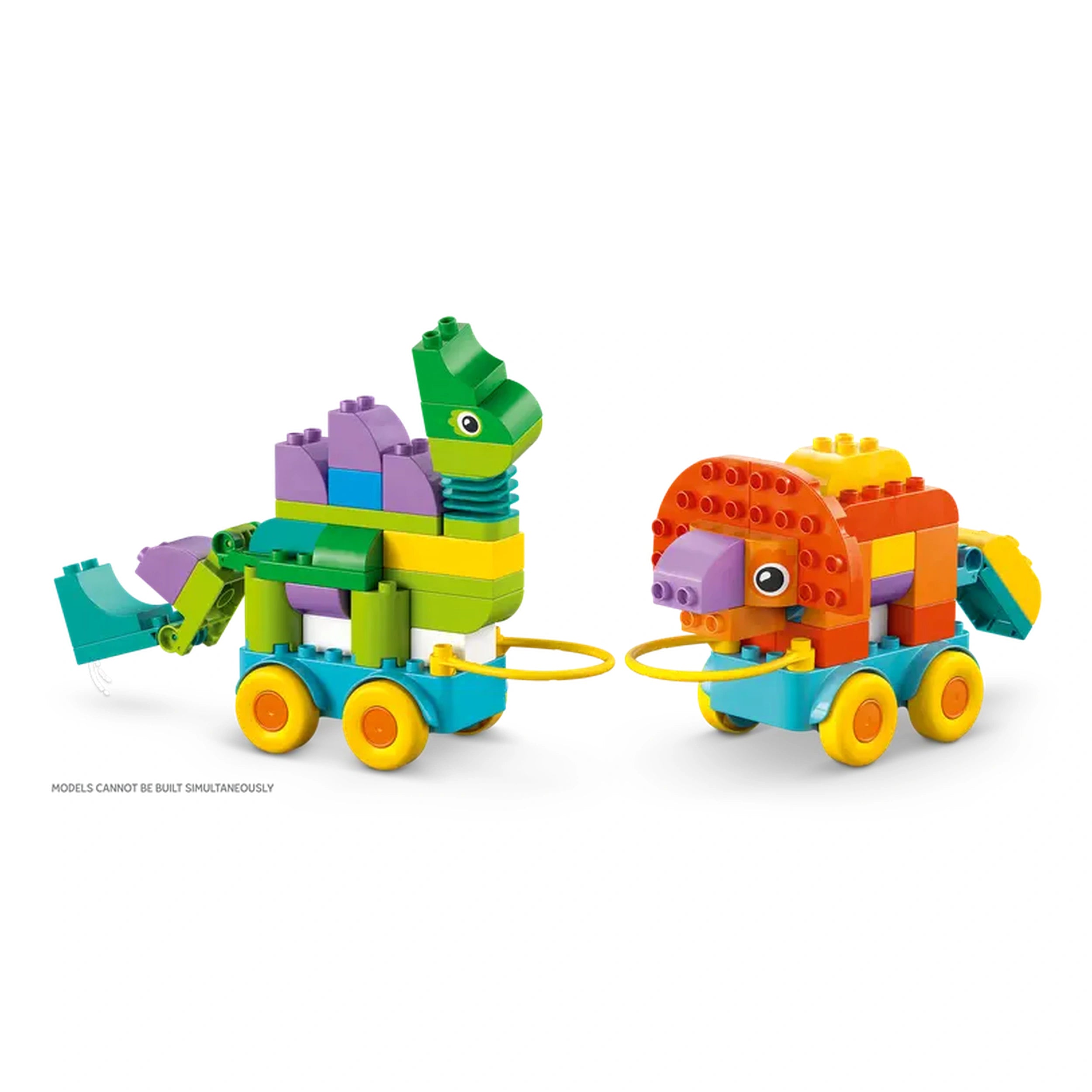 Colorful LEGO DUPLO dinosaur models on wheels, featuring a green Diplodocus and a multicolored Triceratops, both designed for toddlers.