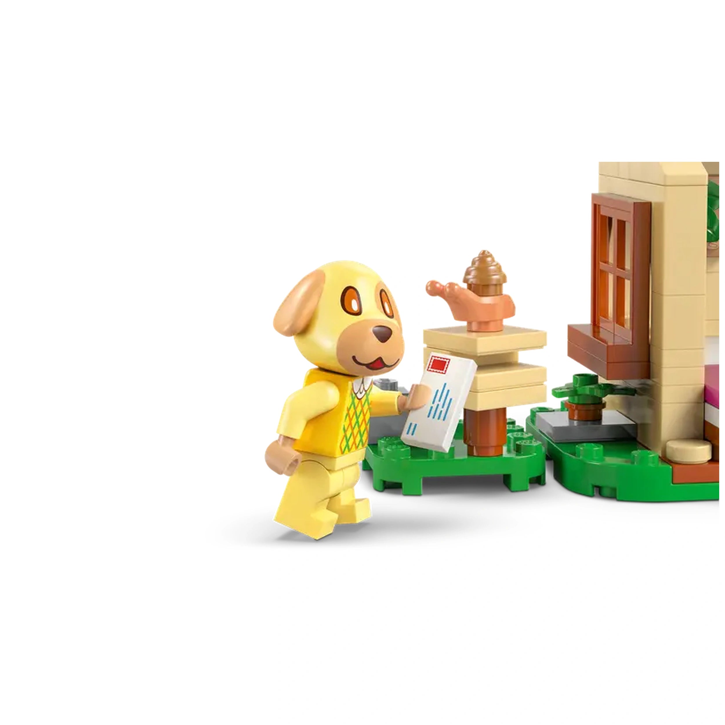 Goldie, the adorable LEGO minifigure, holds a letter while standing near her cozy house. Vibrant colors enhance the scene, featuring a mailbox and a snail on a rock.