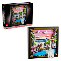 LEGO Art set featuring a vibrant Japanese cherry blossom landscape with water, mountains, trees, and a small building.