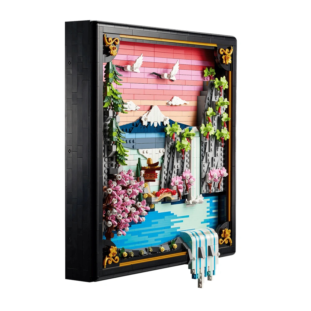 LEGO Art Japanese Cherry Blossom Landscape set showcases a colorful three-dimensional scene with mountains, water, and trees.