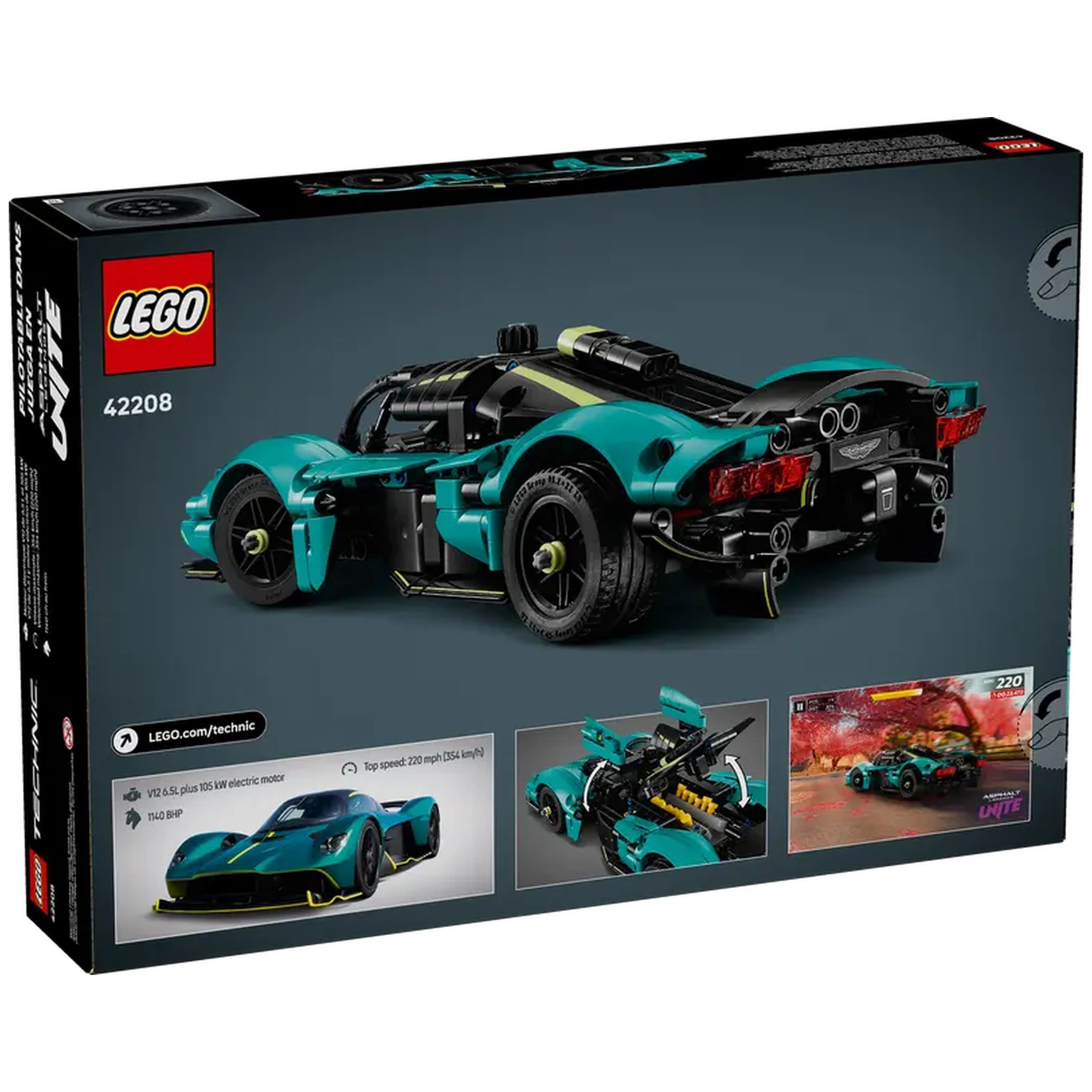 LEGO 42208 Aston Martin Valkyrie construction set box showcasing the sleek turquoise sports car design, with realistic details and a V12 engine illustration.