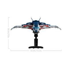LEGO Quinjet model from Avengers: Age of Ultron, showcasing detailed design with blue, gray, and red elements, displayed upright.