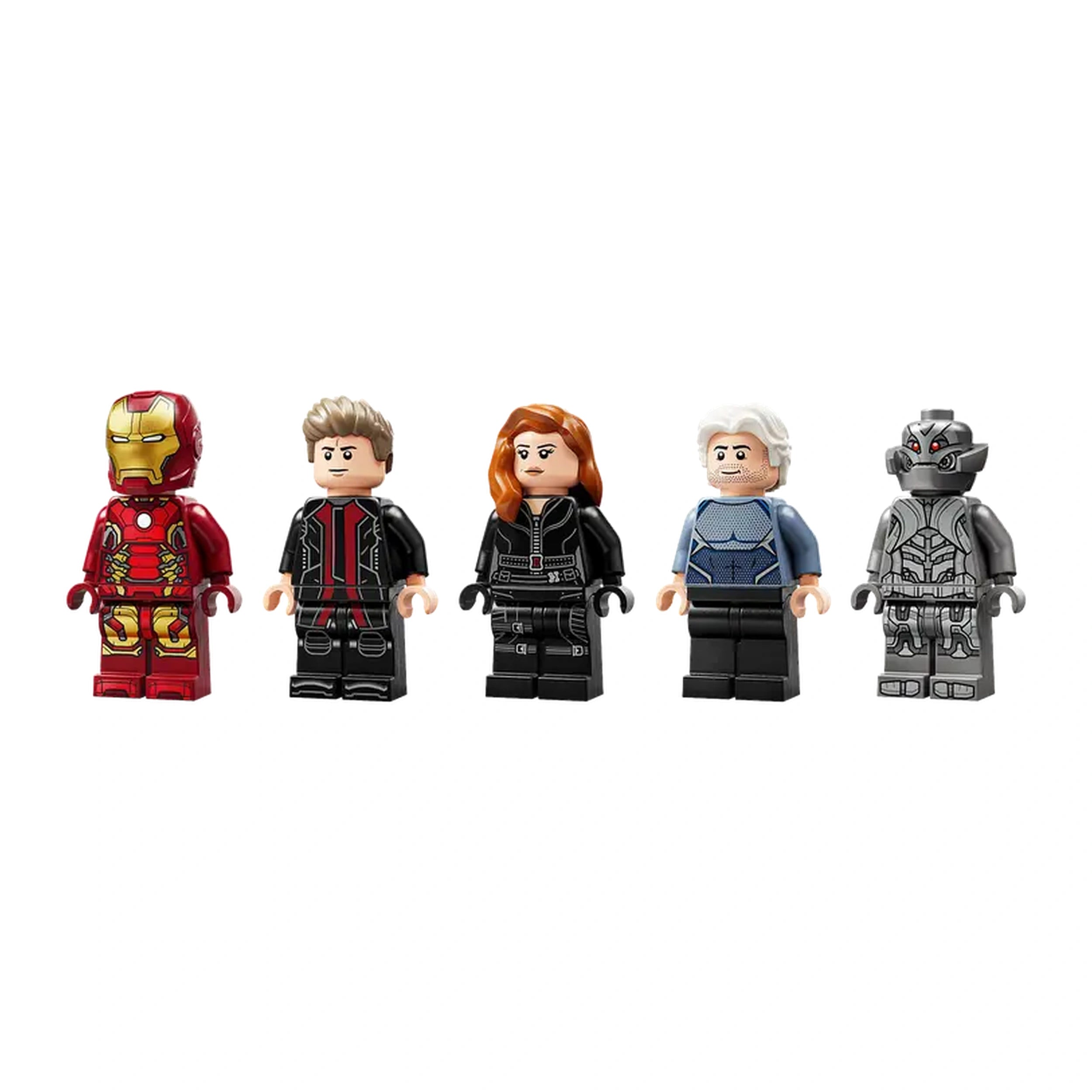Five LEGO minifigures from Avengers: Age of Ultron stand side by side. The first figure is Iron Man in a red and gold suit, followed by a character in a black outfit, then Black Widow with red hair, a man in a blue shirt, and a gray-colored robot figure.