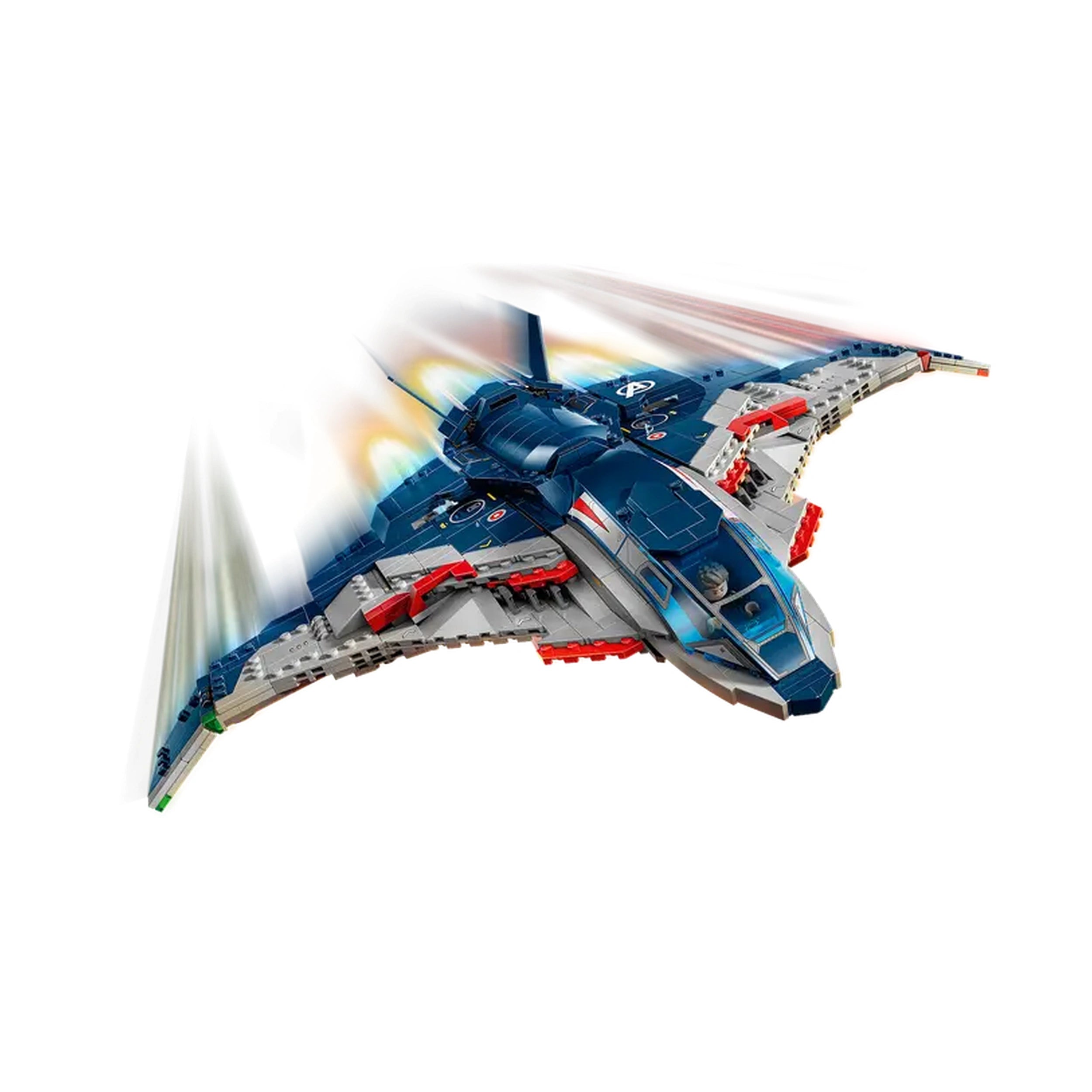 Quinjet from Avengers: Age of Ultron, featuring a sleek dark blue design with red and grey accents, showcasing intricate details and flames trailing behind.