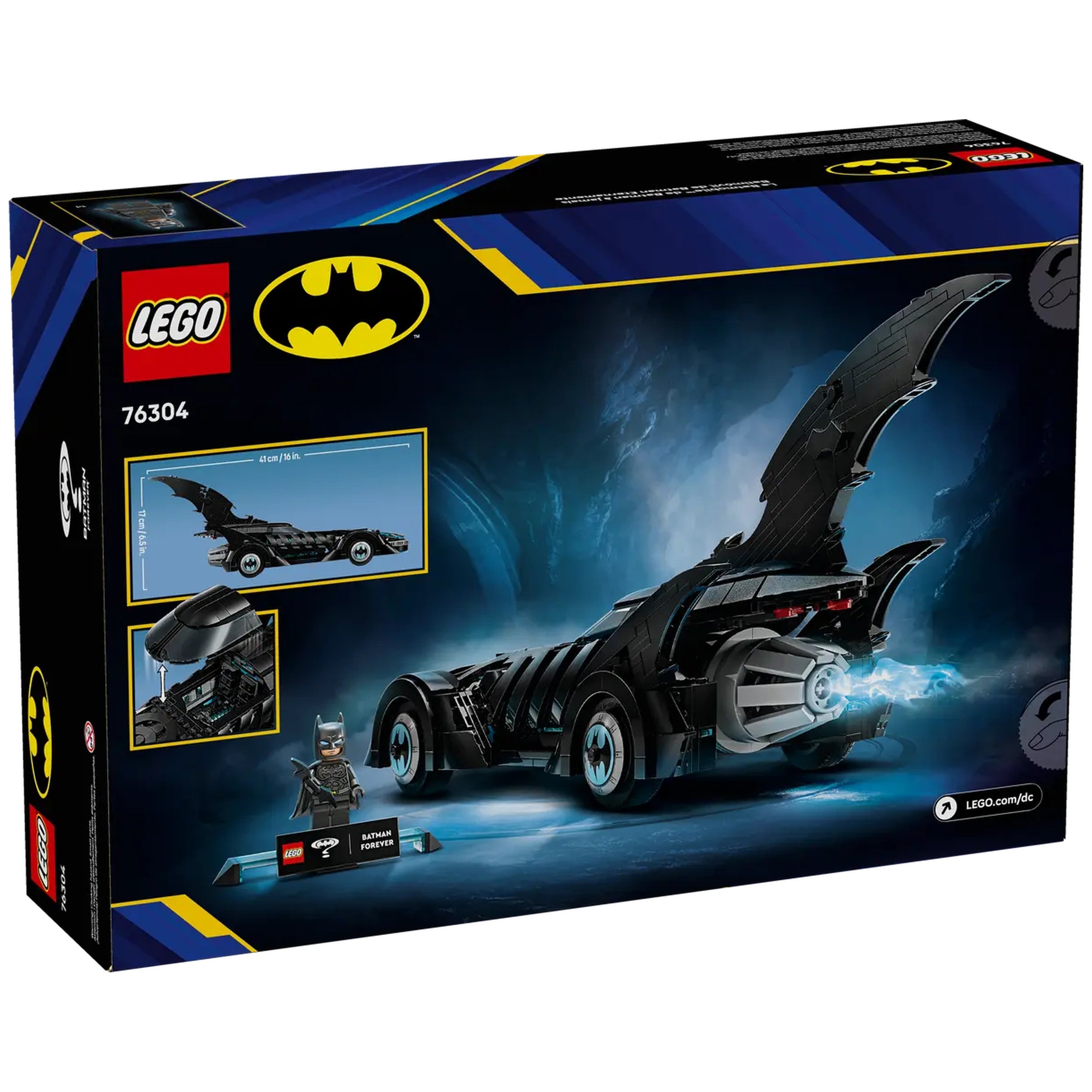 LEGO Batman Forever Batmobile building set box displaying black Batmobile, Batman minifigure, and detailed artwork against a blue background.