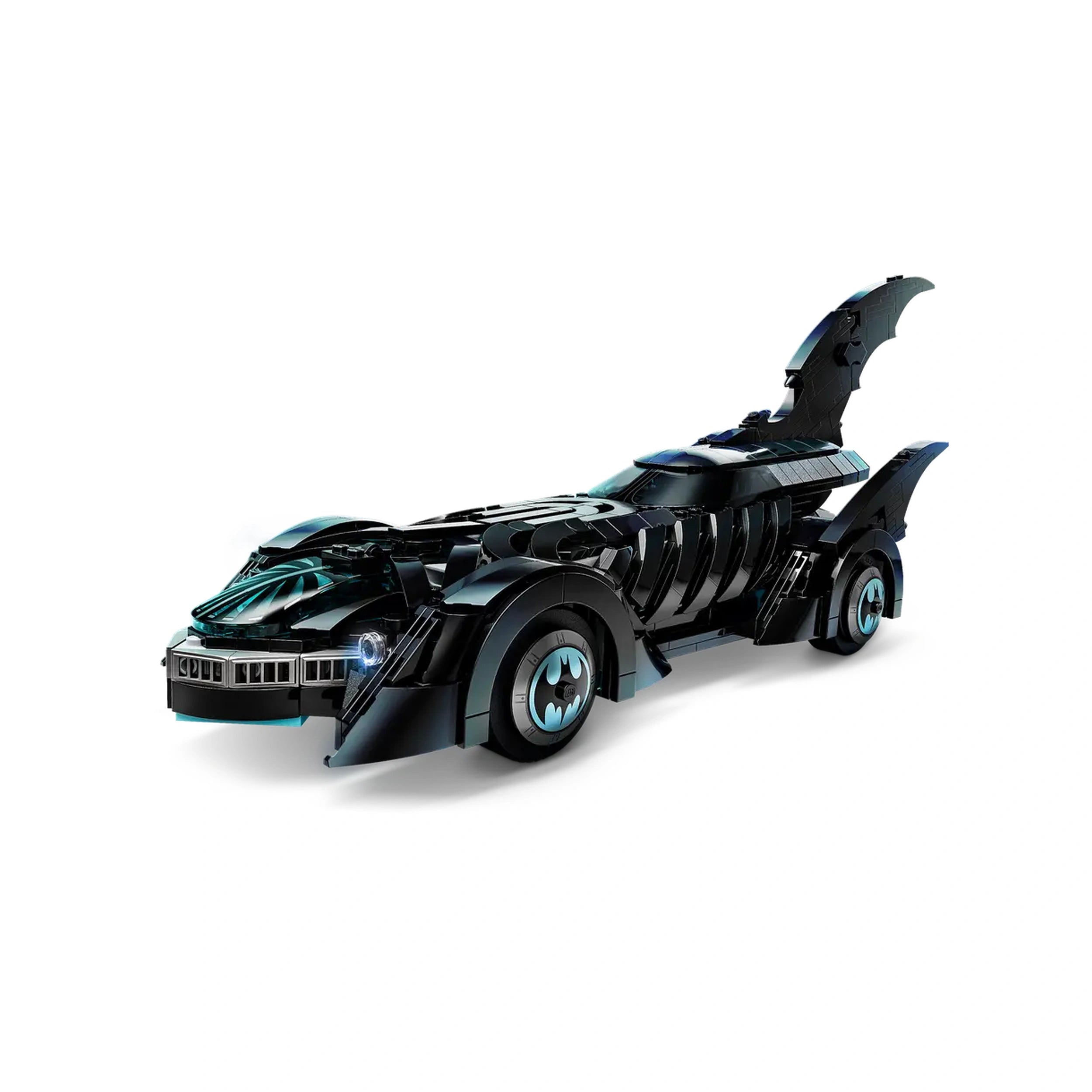 LEGO Batman Forever Batmobile featuring a sleek black design, iconic bat shape at the rear, and detailed elements like molded headlights and Batman emblem wheels.