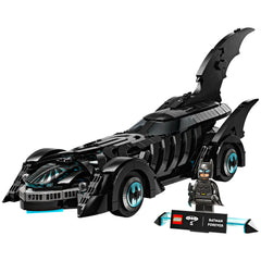 LEGO Batman Forever Batmobile, featuring sleek black design, iconic bat emblem wheels, and a Batman minifigure.
