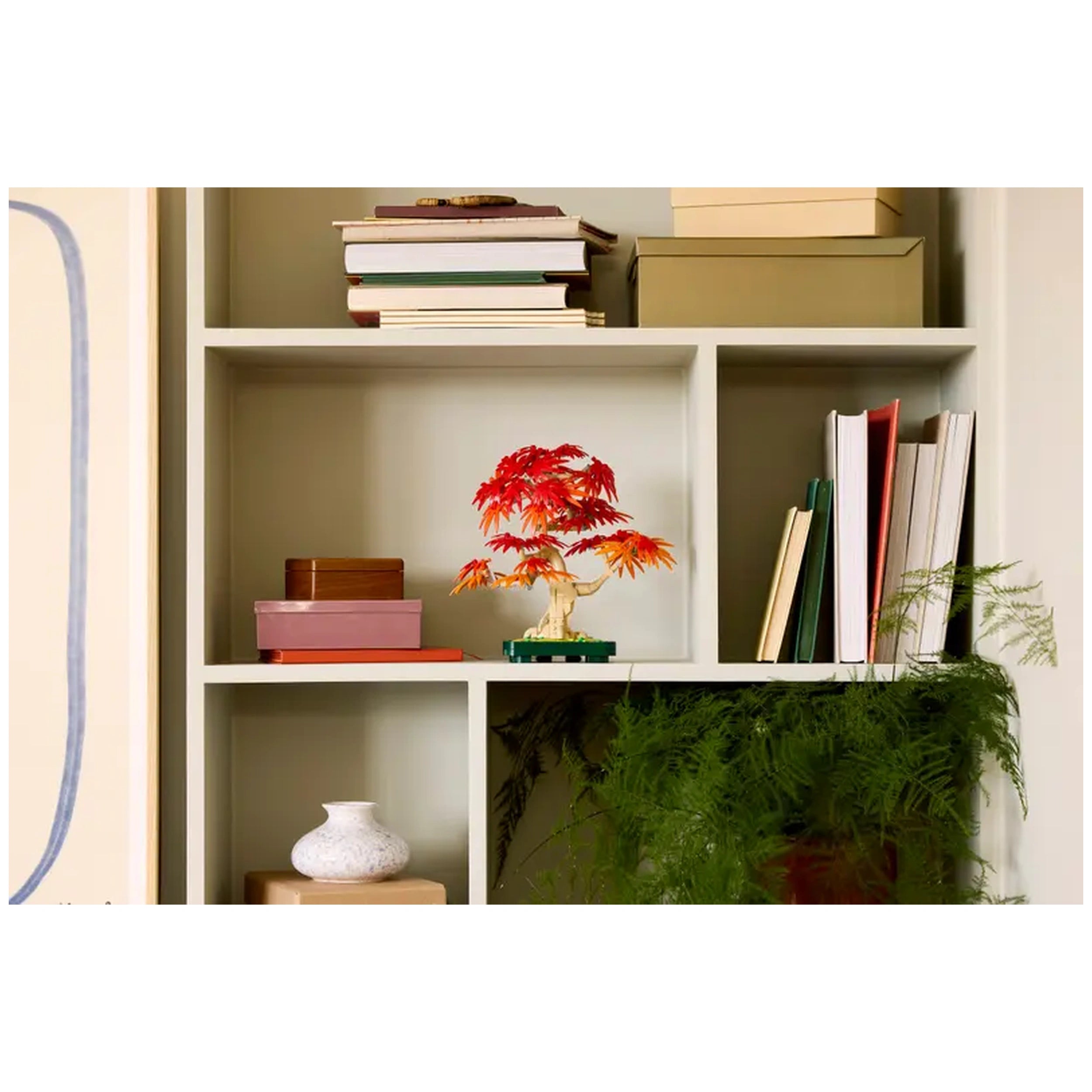 LEGO Japanese Red Maple Bonsai Tree displayed on a shelf, featuring vibrant red and orange leaves, surrounded by books and decorative boxes.