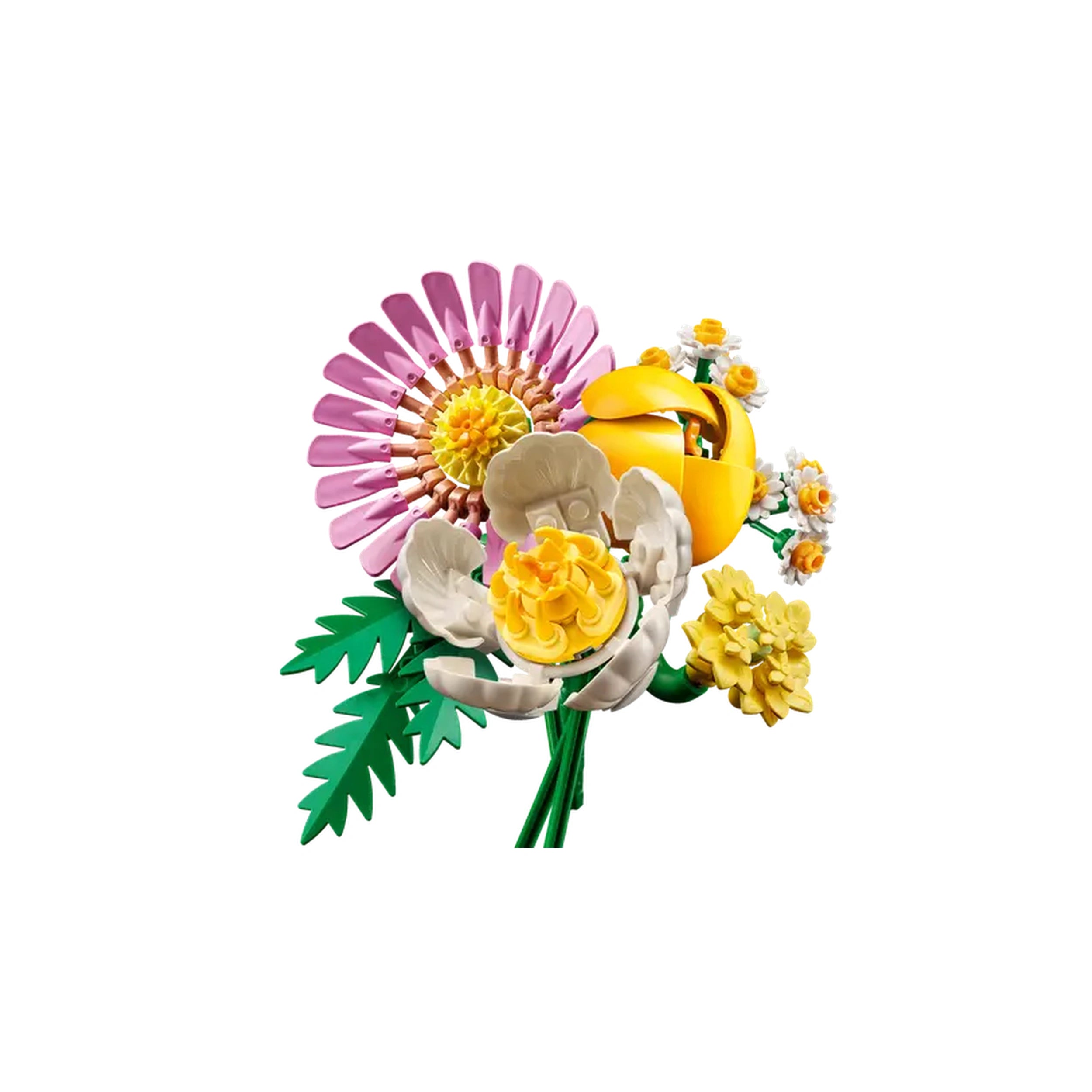 Vibrant LEGO Botanicals Petite Sunny Bouquet featuring six colorful flowers, including pink gerbera, yellow yarrow, and tulips, with lush green leaves.