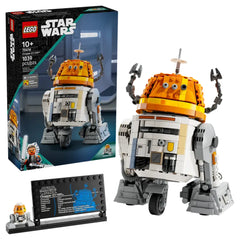 LEGO Chopper (C1-10P)™ construction set featuring an intricate design with an orange dome, rotating head, and articulated arms, alongside a small minifigure and a display stand on a blurred background.