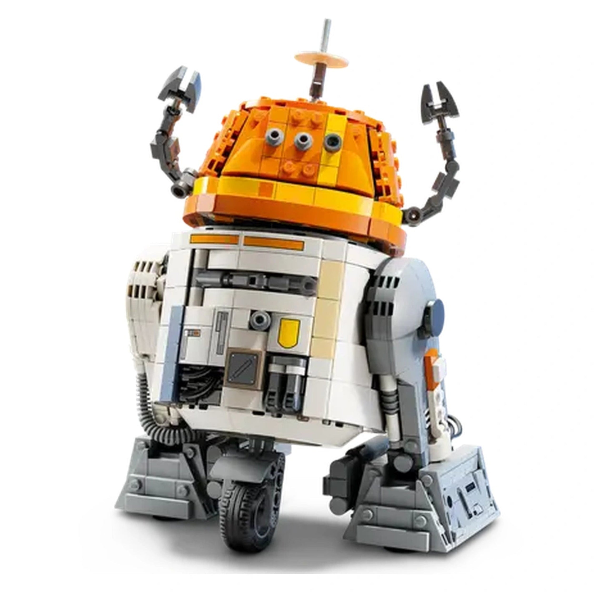 LEGO Chopper (C1-10P)™ Astromech Droid, featuring an orange dome and movable arms, showcasing intricate details and wheeled base.