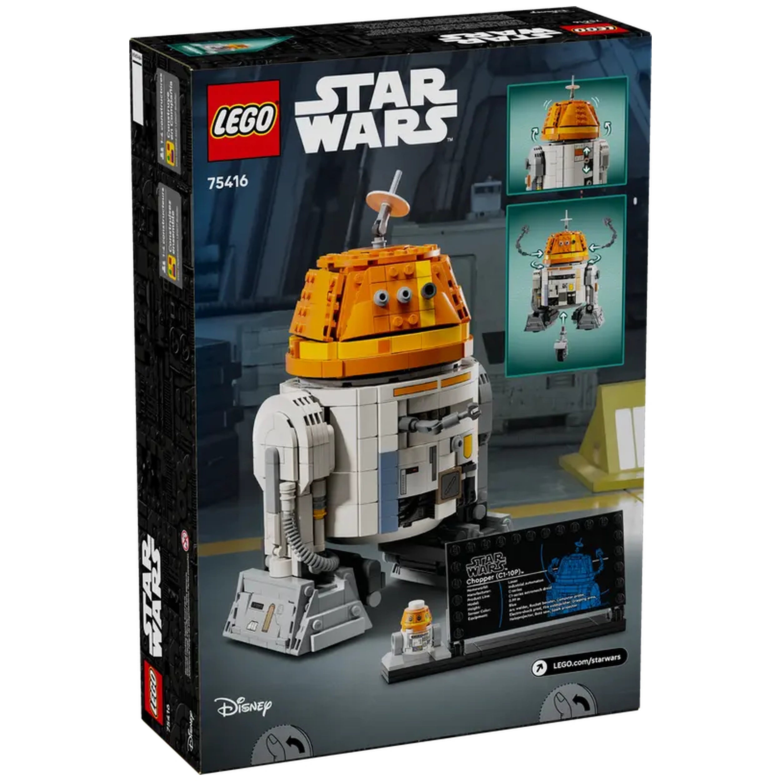 LEGO 75416 Chopper (C1-10P)™ construction set packaging, featuring the astromech droid Chopper with an orange dome, white body, and interactive design elements.