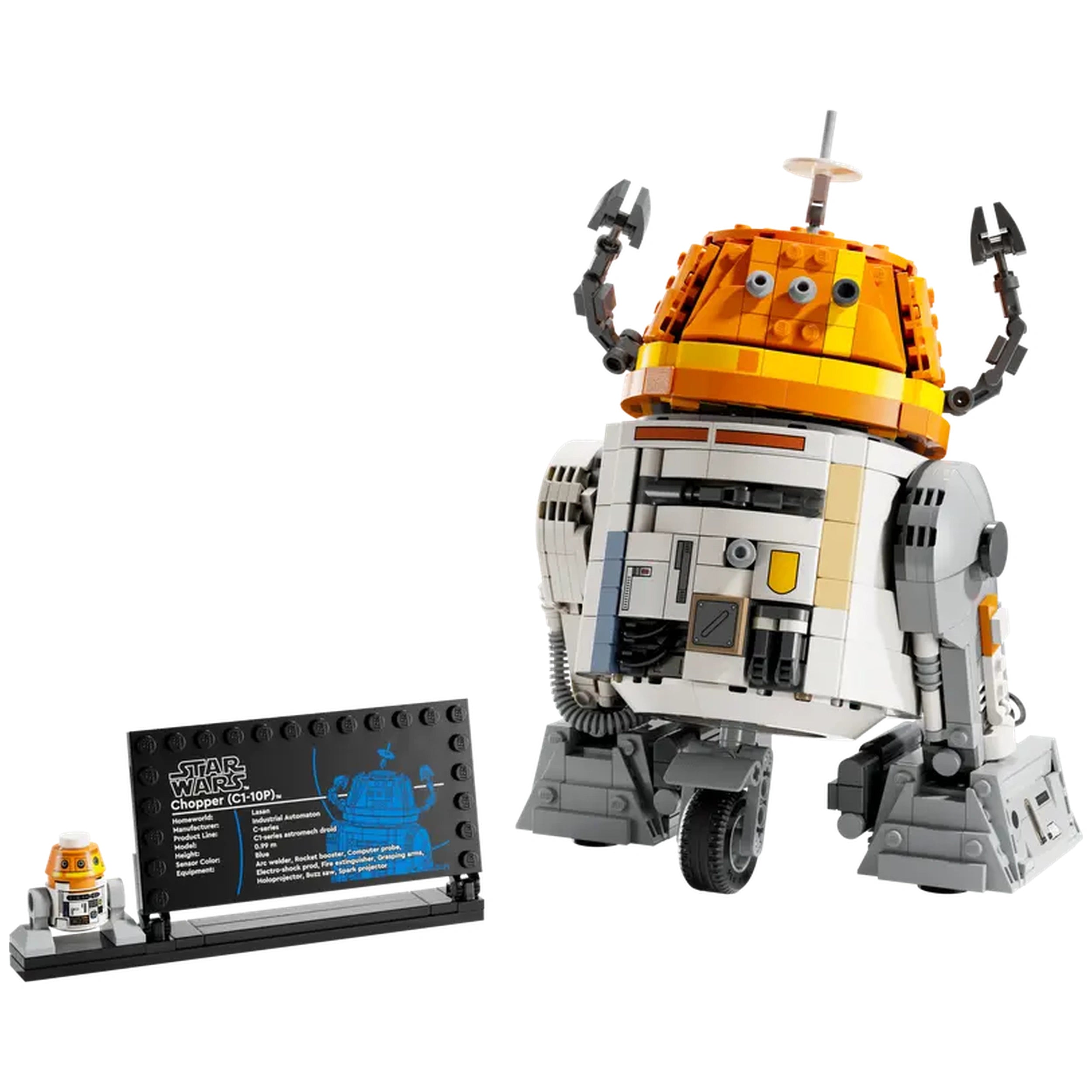 LEGO Chopper (C1-10P)™ from Star Wars: Ahsoka™, featuring a detailed, orange-topped astromech droid and a display stand with a mini figure.
