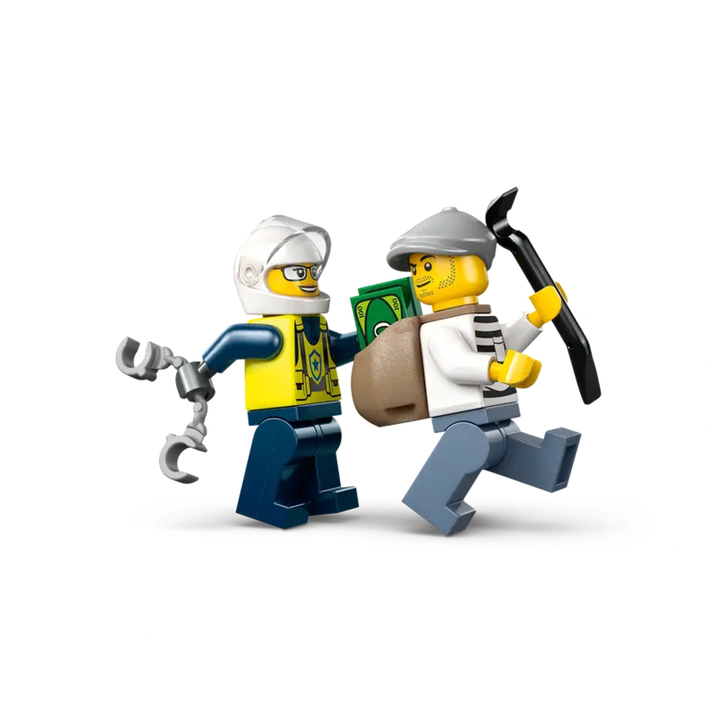 A LEGO police officer in a yellow uniform chases a striped-shirt crook holding a bag of money and a crowbar, capturing a thrilling scene.