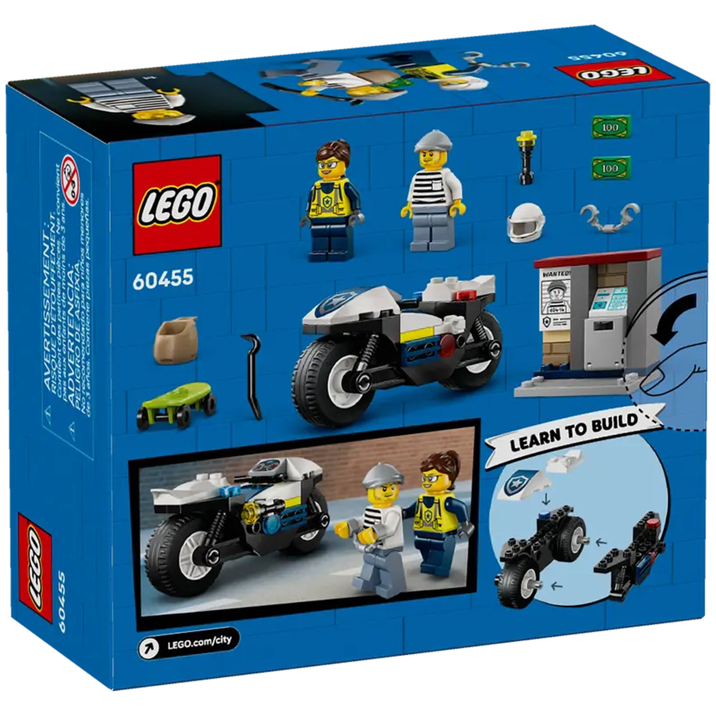 LEGO® City Police Motorcycle Chase set featuring a sleek motorbike, two minifigures, a skateboard, and various accessories on a blue box.