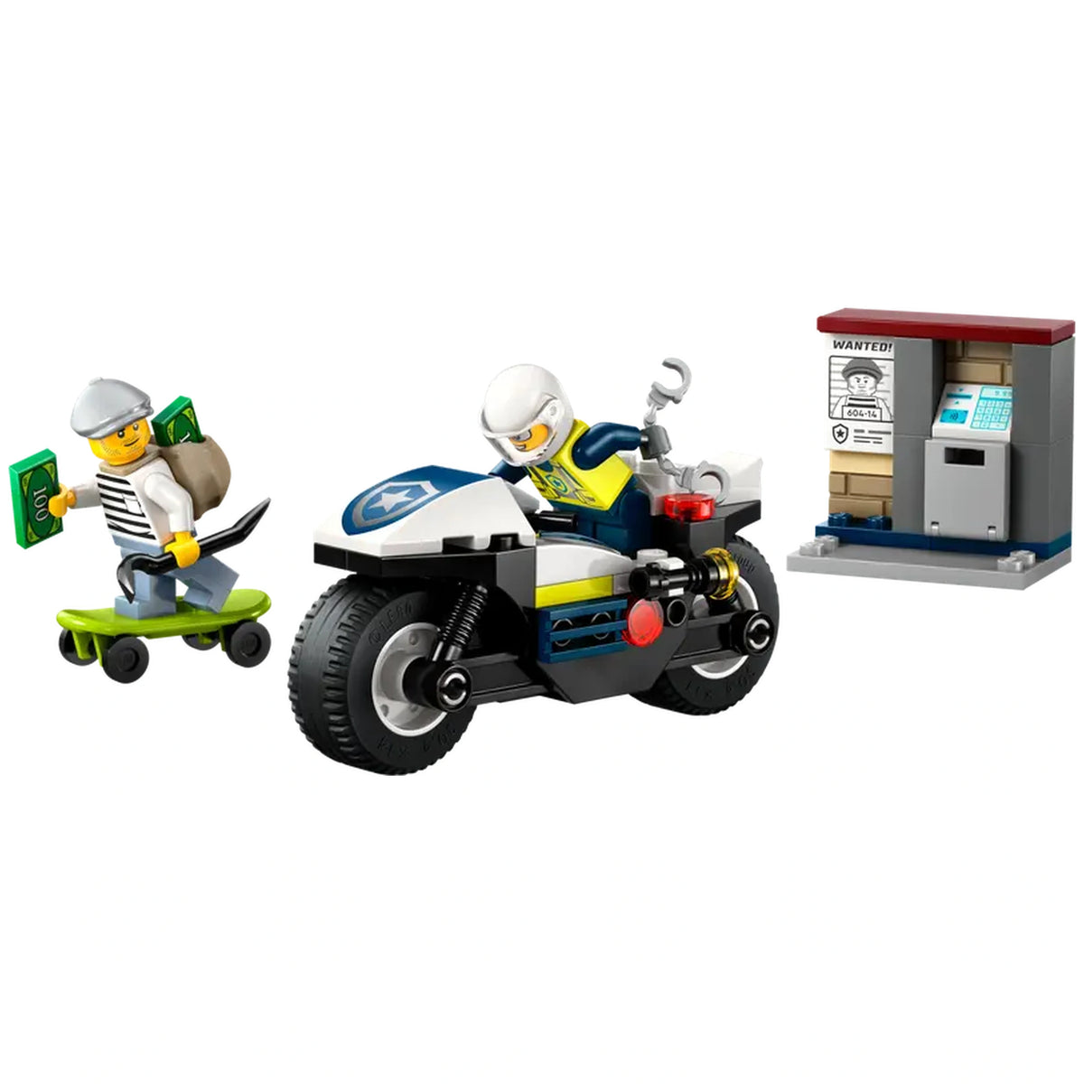 Police motorcycle with a rider in a helmet, chasing a skateboarder holding stolen money, next to a wanted poster.