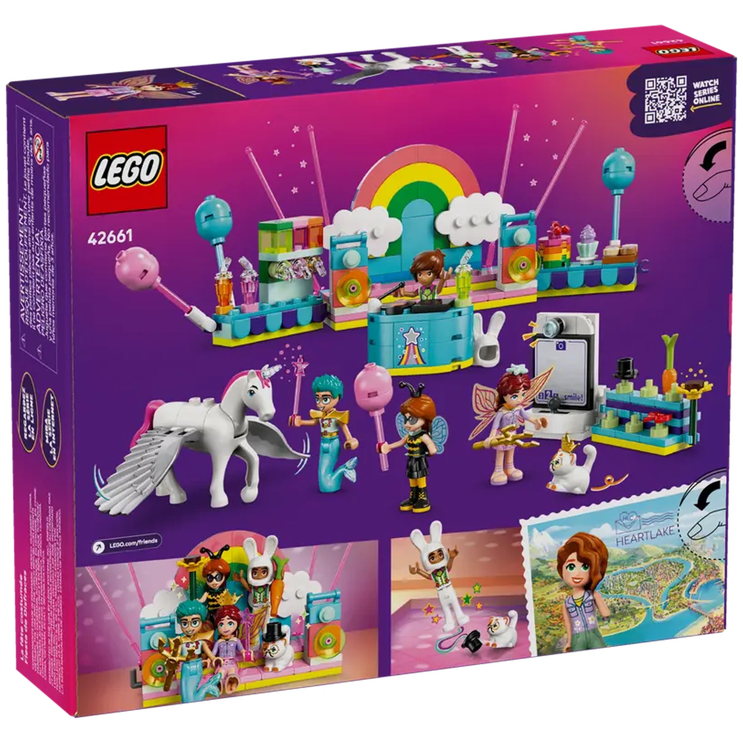 Colorful LEGO® Friends Costume Party set featuring a unicorn, four minidolls in fun costumes, a DJ booth, and festive party accessories.
