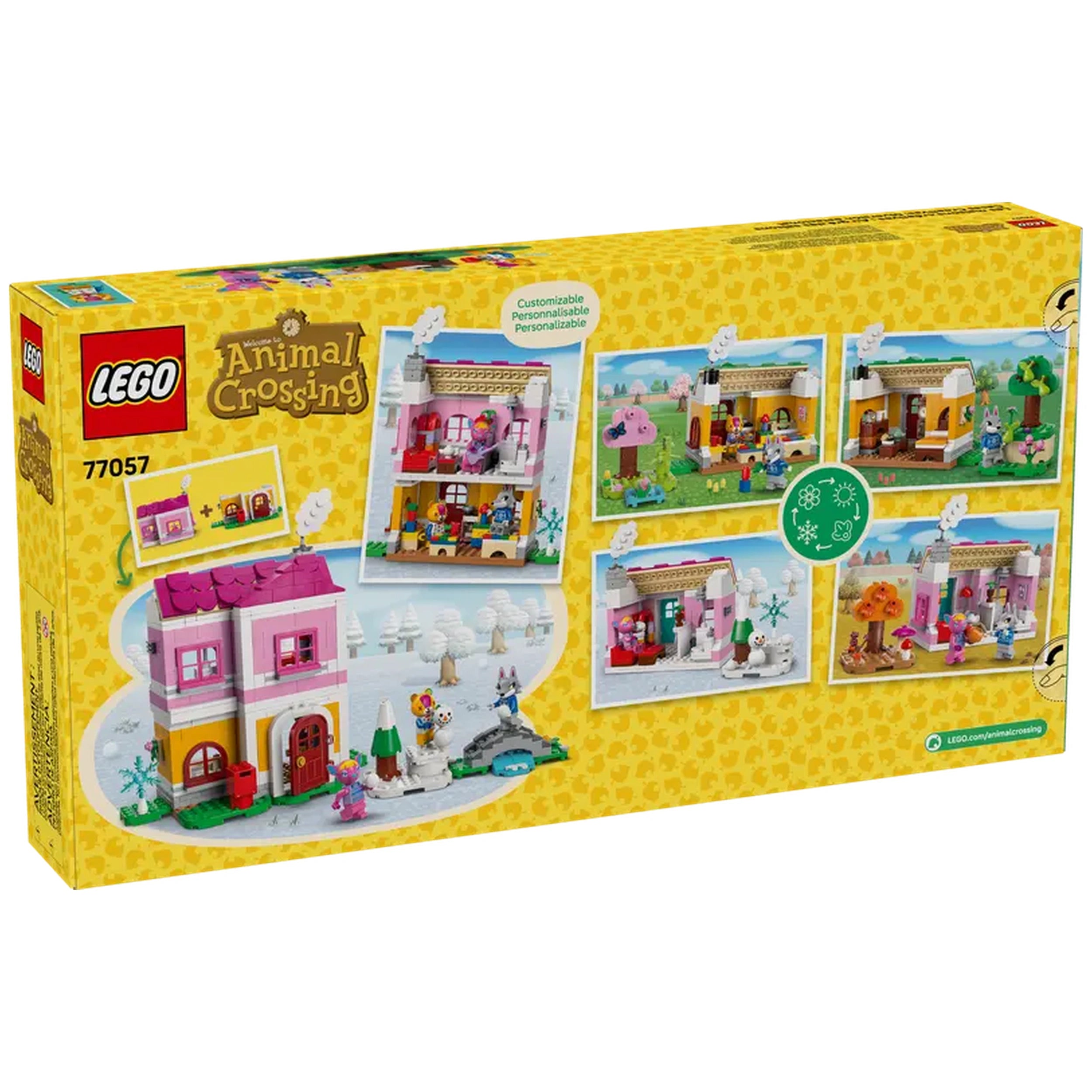 LEGO Animal Crossing Creative Houses construction set featuring a pink two-story house with winter and autumn scenes, accessories, and vibrant colors.