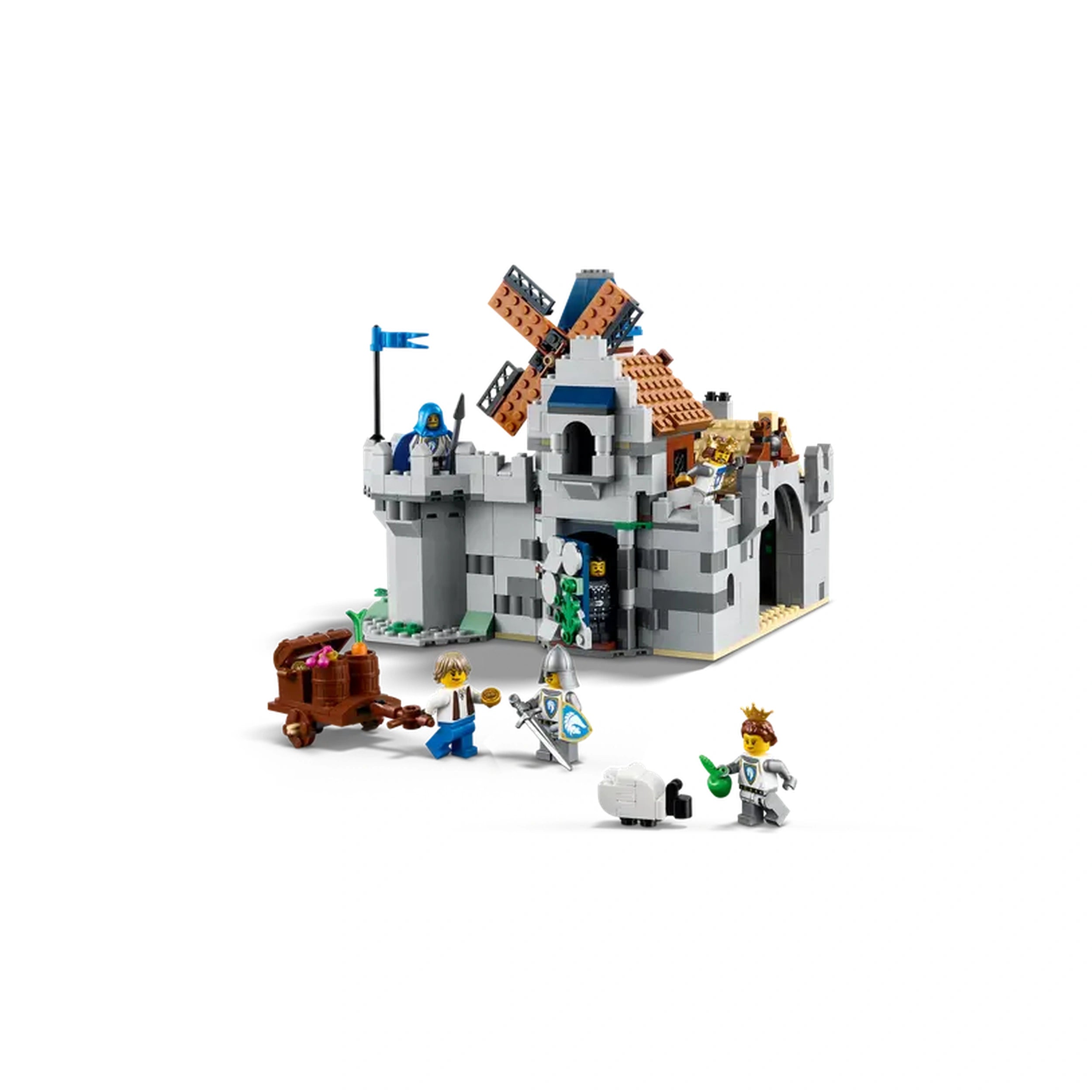 A detailed LEGO Creator 3in1 Medieval Horse Knight Castle with a windmill, featuring knights and villagers, a cart of treasures, and a castle entrance.