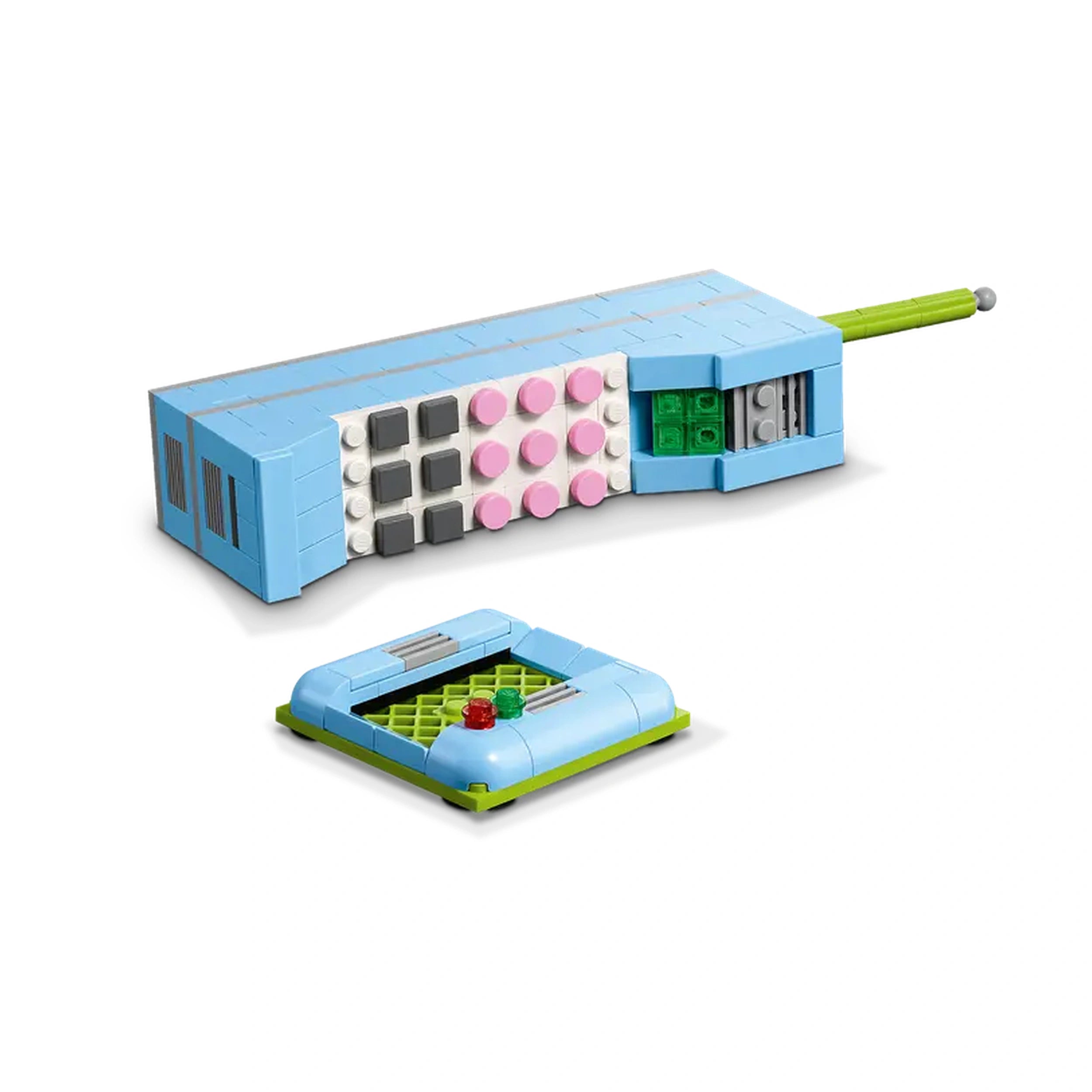 Bright blue LEGO® construction set portraying a retro telephone, featuring a keypad with pink and gray buttons, and a separate charging base.