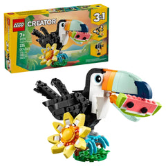 LEGO Creator 3in1 Tropical Toucan set featuring a vibrant toucan with a watermelon in its beak, surrounded by a colorful flower, on a green base.