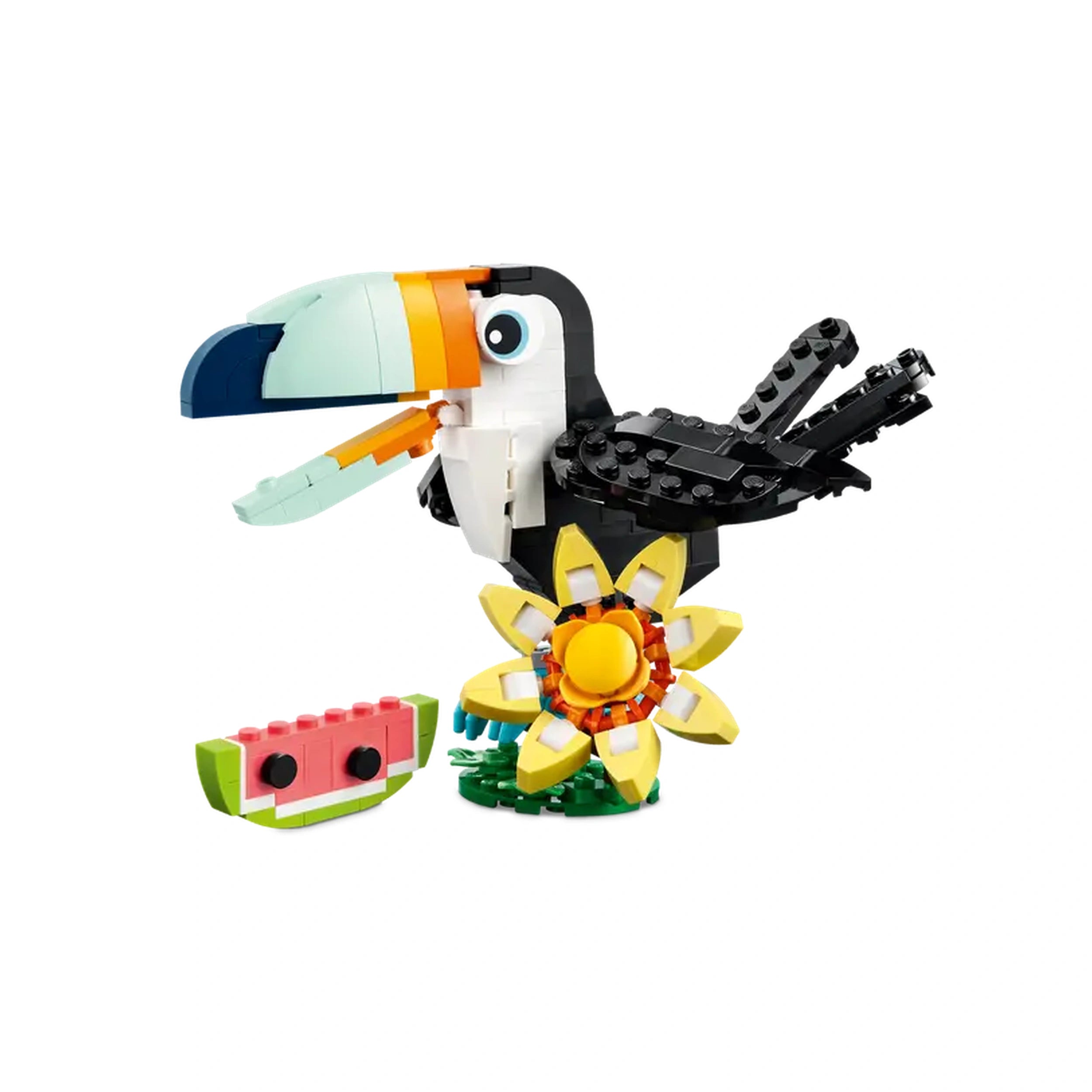 Colorful LEGO toucan with a vivid beak, perched beside a flower and watermelon slice, showcasing intricate design and movable parts.