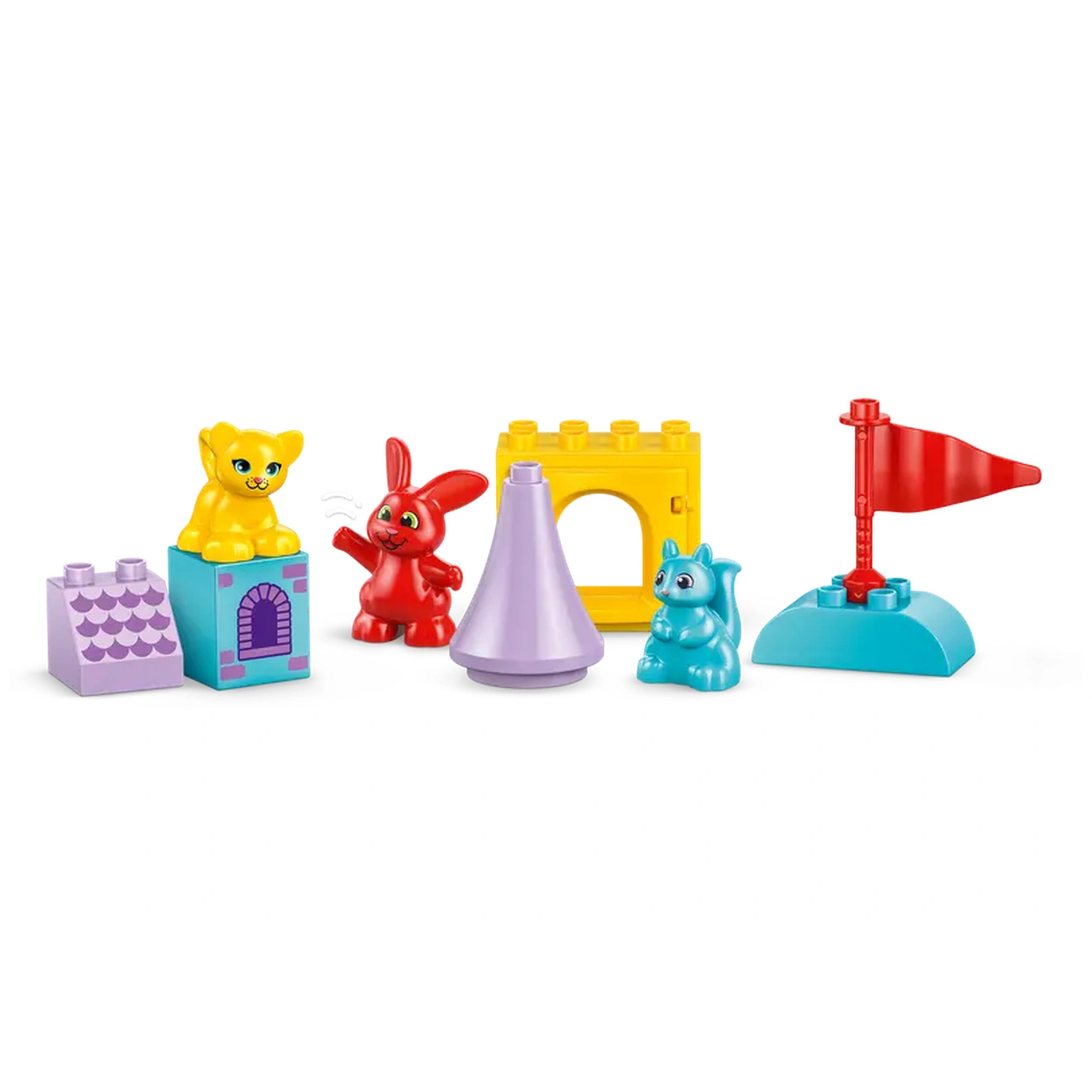 Colorful LEGO® DUPLO® animal figures including a yellow cat, a red rabbit, and a blue squirrel, alongside building blocks and a flag.