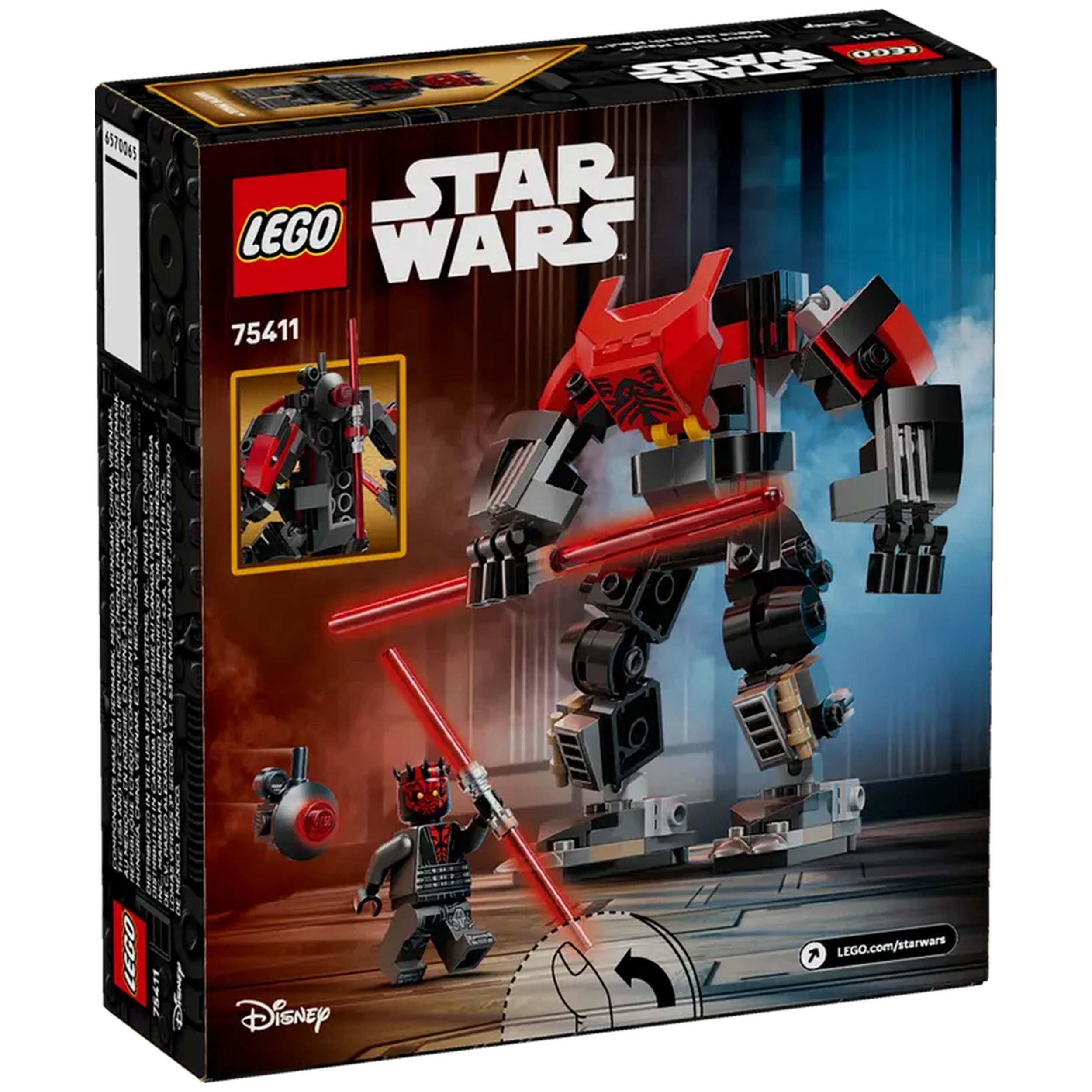 LEGO Darth Maul Mech construction set with a red and black mech figure wielding red lightsabers, alongside a minifigure of Darth Maul.