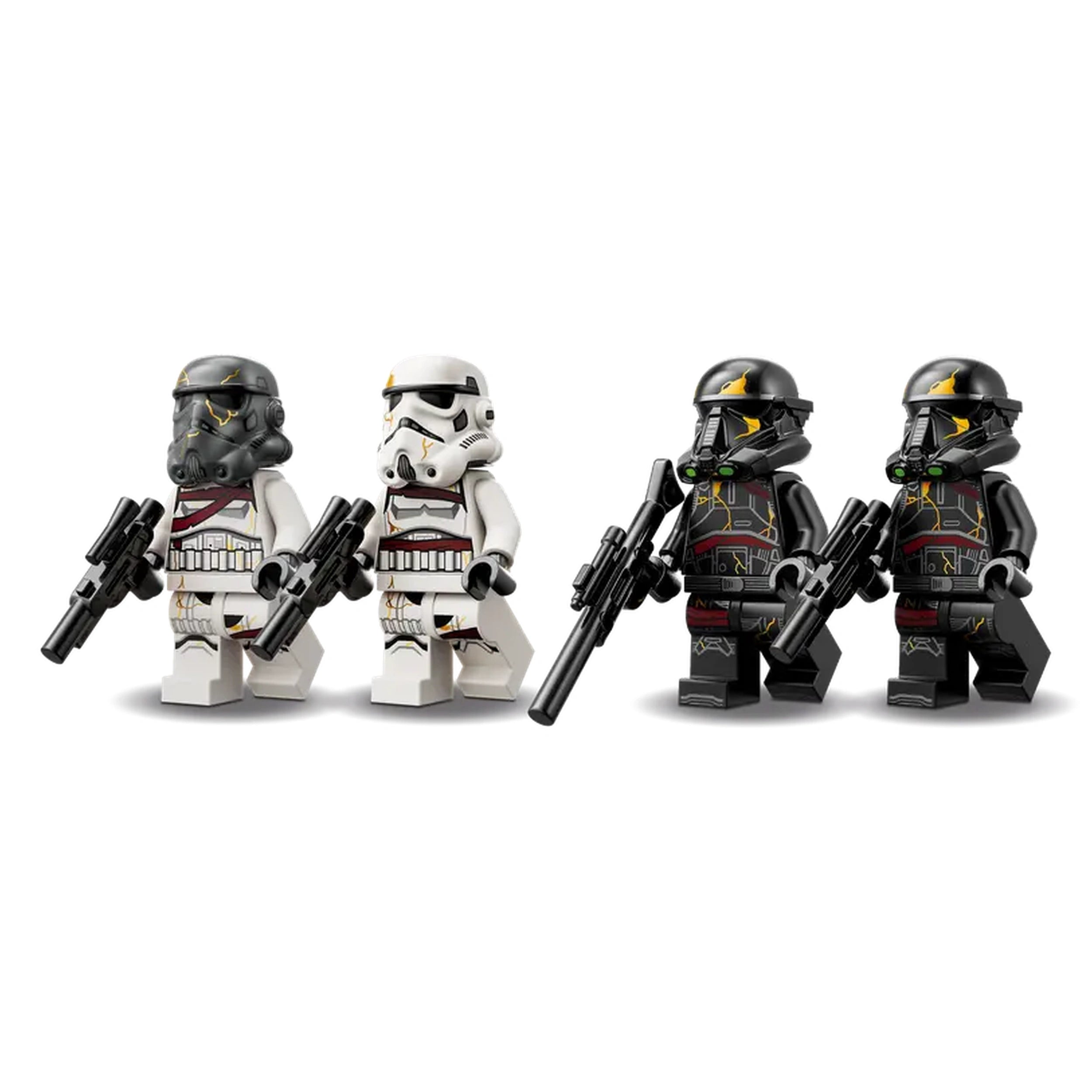 Four LEGO minifigures stand together: two Death Troopers in black with blasters, flanked by two white Night Troopers with blasters.
