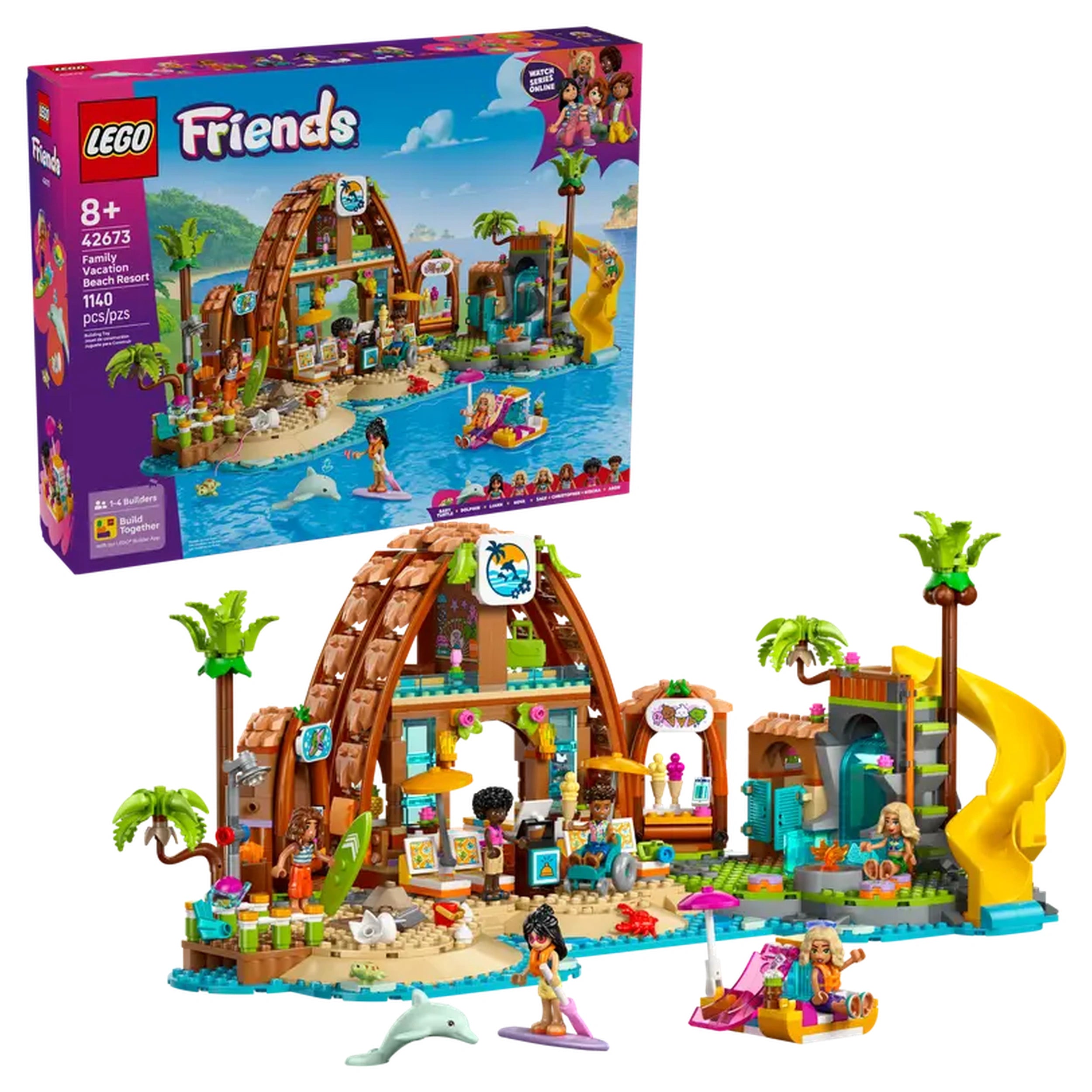 LEGO Friends Family Vacation Beach Resort construction set featuring a vibrant beach scene, palm trees, a water slide, and minidolls enjoying various activities.