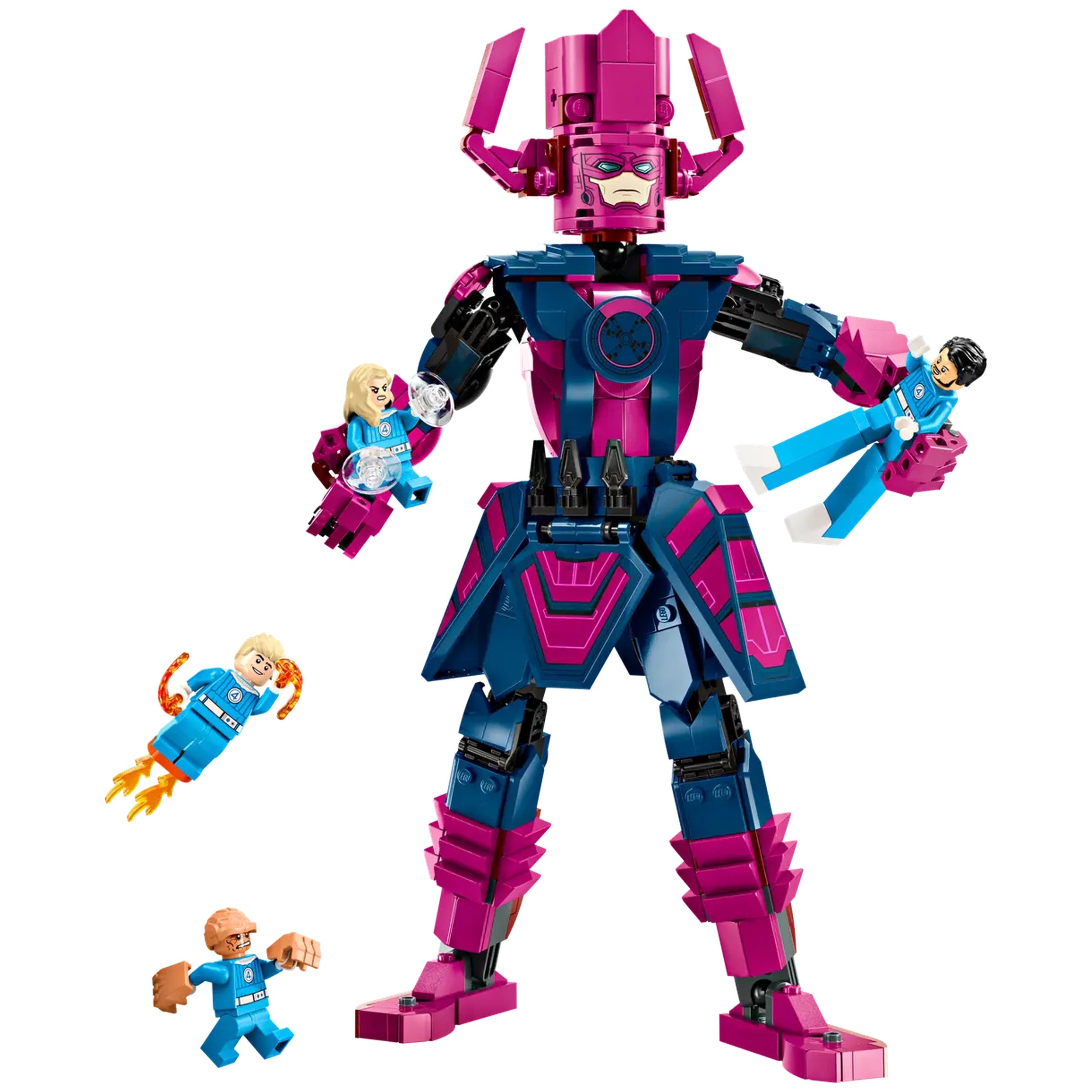 LEGO construction set featuring Galactus in vibrant pink and blue, holding minifigures of Mr. Fantastic, Invisible Woman, and Human Torch, with dynamic action elements.