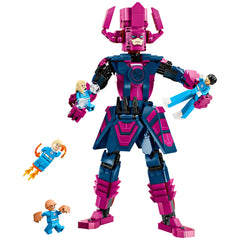 LEGO construction set featuring Galactus in vibrant pink and blue, holding minifigures of Mr. Fantastic, Invisible Woman, and Human Torch, with dynamic action elements.