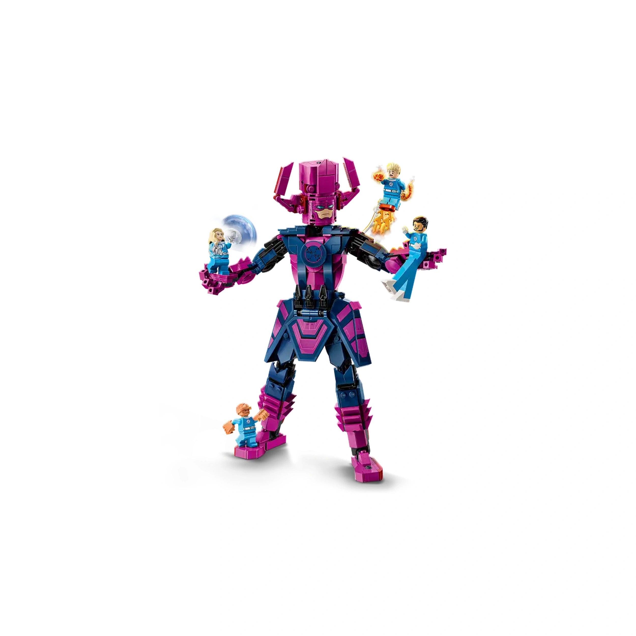 LEGO Fantastic Four VS Galactus construction set featuring a large Galactus figure in vibrant purple and blue, holding mini figures of Mr. Fantastic, Human Torch, and Invisible Woman, against a plain white background.