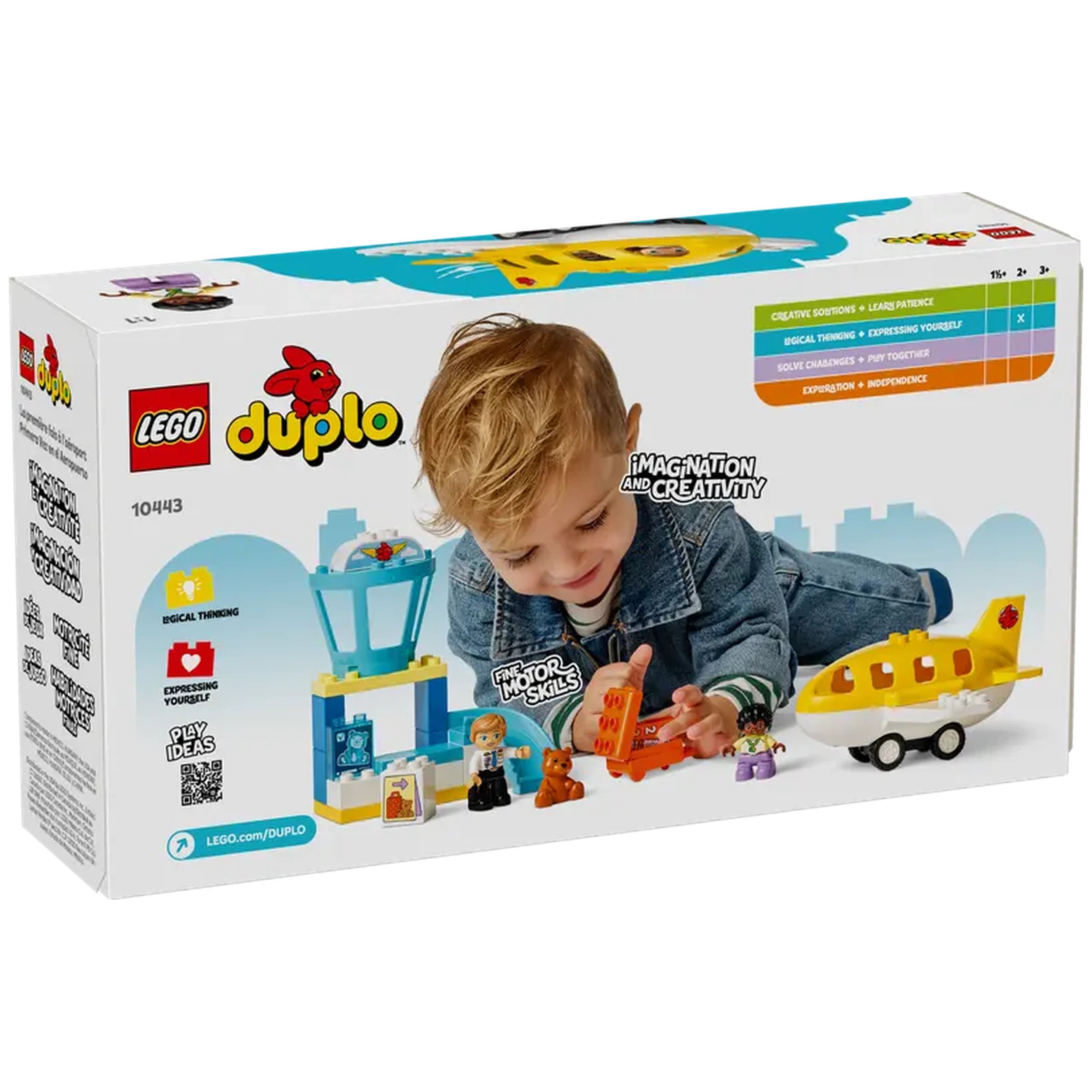A young child plays with the LEGO DUPLO 10443 First Time at the Airport set, featuring a colorful airport scene with an air traffic control tower, a toy airplane, and mini-figures, all designed to encourage creativity and imaginative role-play.