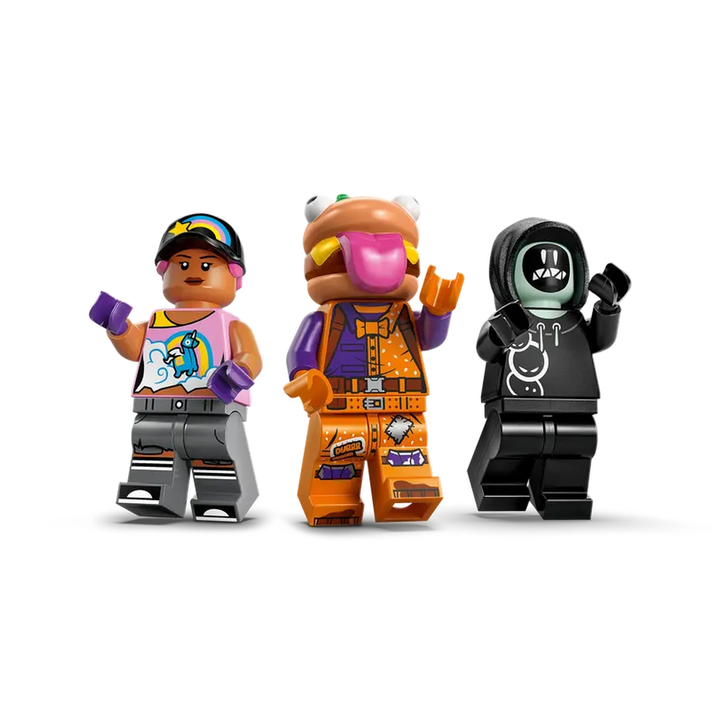 Three LEGO® Fortnite® action figures: a girl in a colorful tank top, a burger-headed character in orange and purple, and a black-clad figure with a green face, all posing with raised hands.