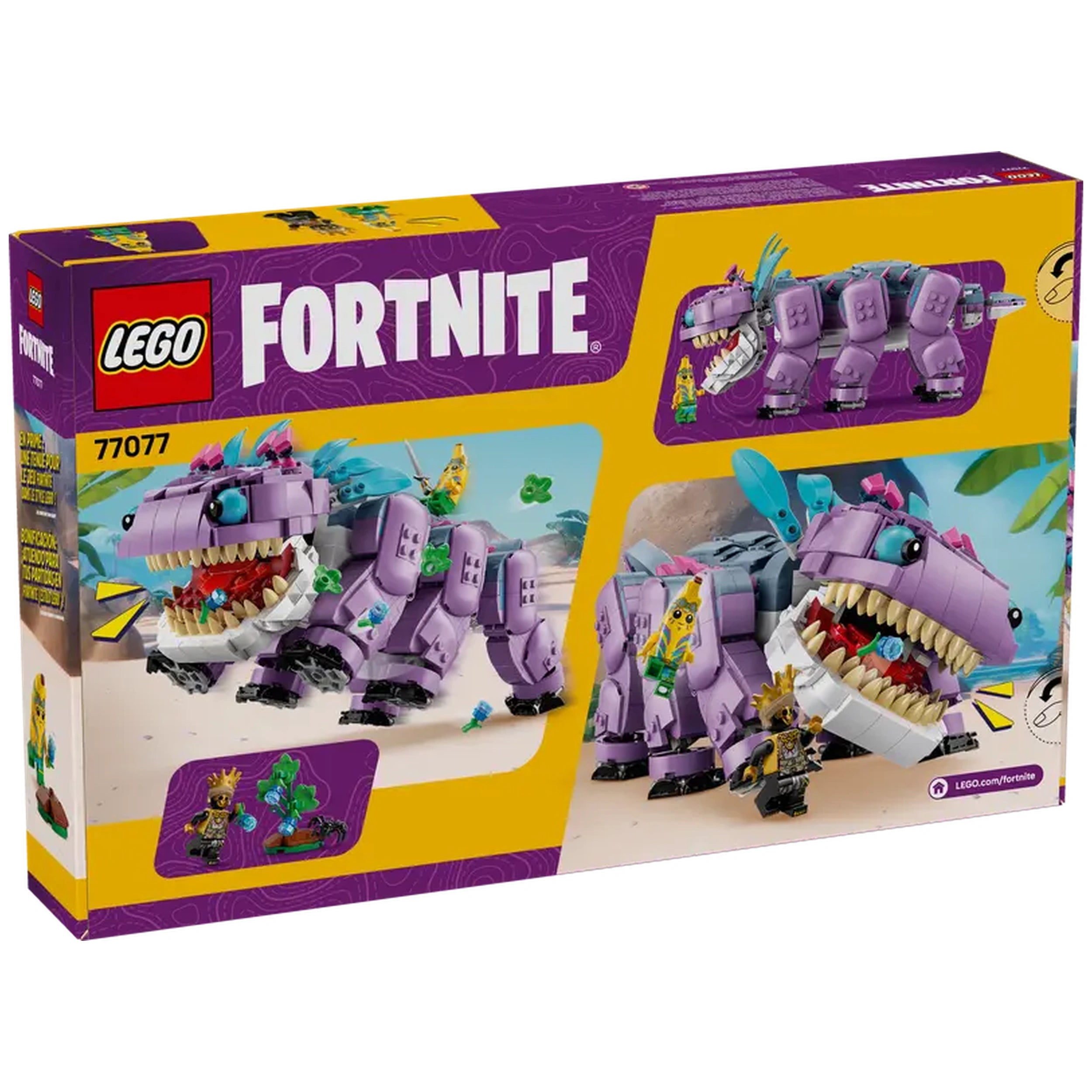 LEGO Fortnite Klombo Construction Set box featuring a purple Klombo character with movable legs and a minifigure, set against a bright, playful background.