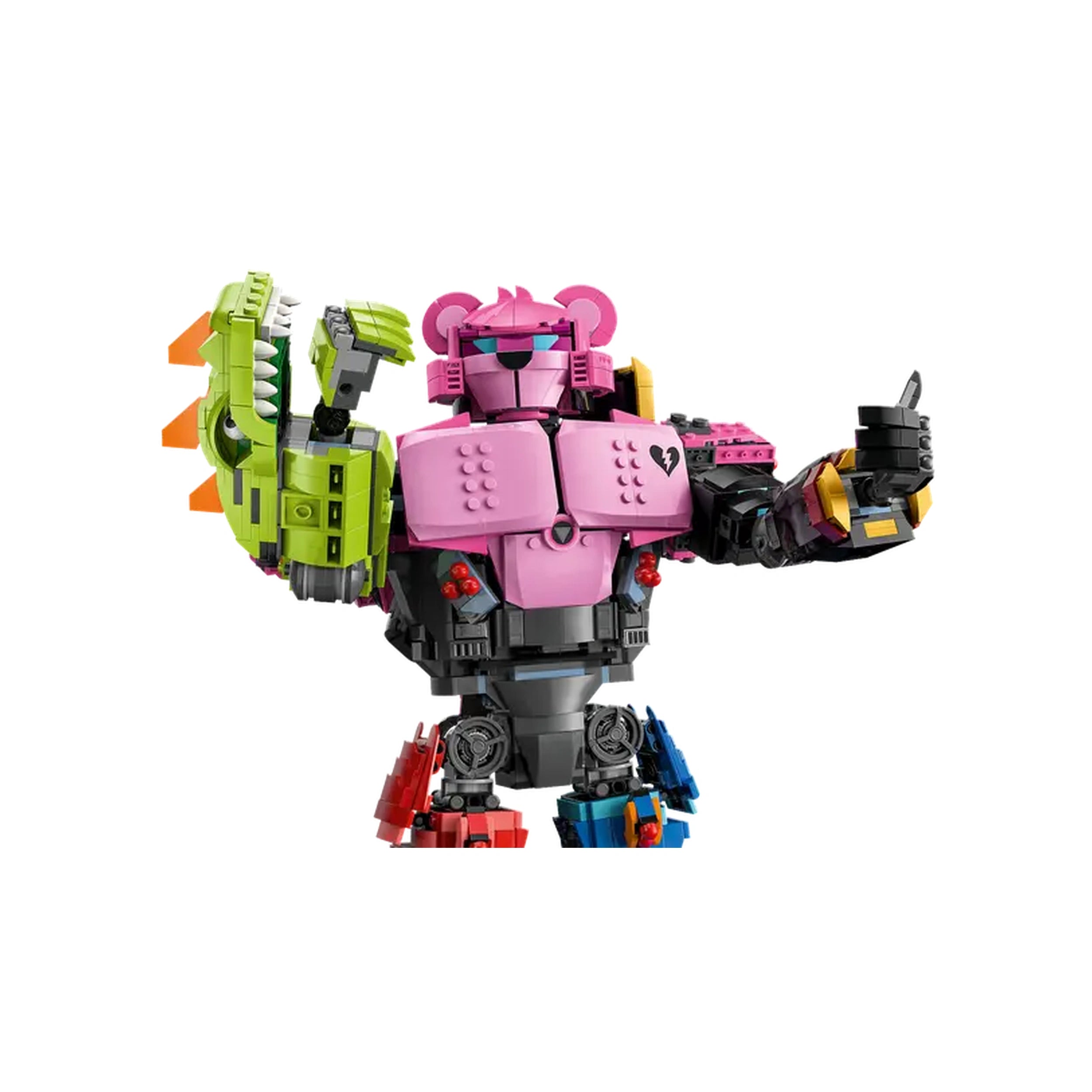 Pink and black LEGO® Fortnite® Mecha Team Leader figure stands with a playful pose, showcasing its vibrant colors and details. One arm extends with a green claw, while the other gives a thumbs-up. The figure’s head features bear-like ears and a confident expression, standing on a sturdy base, ready for display or play.