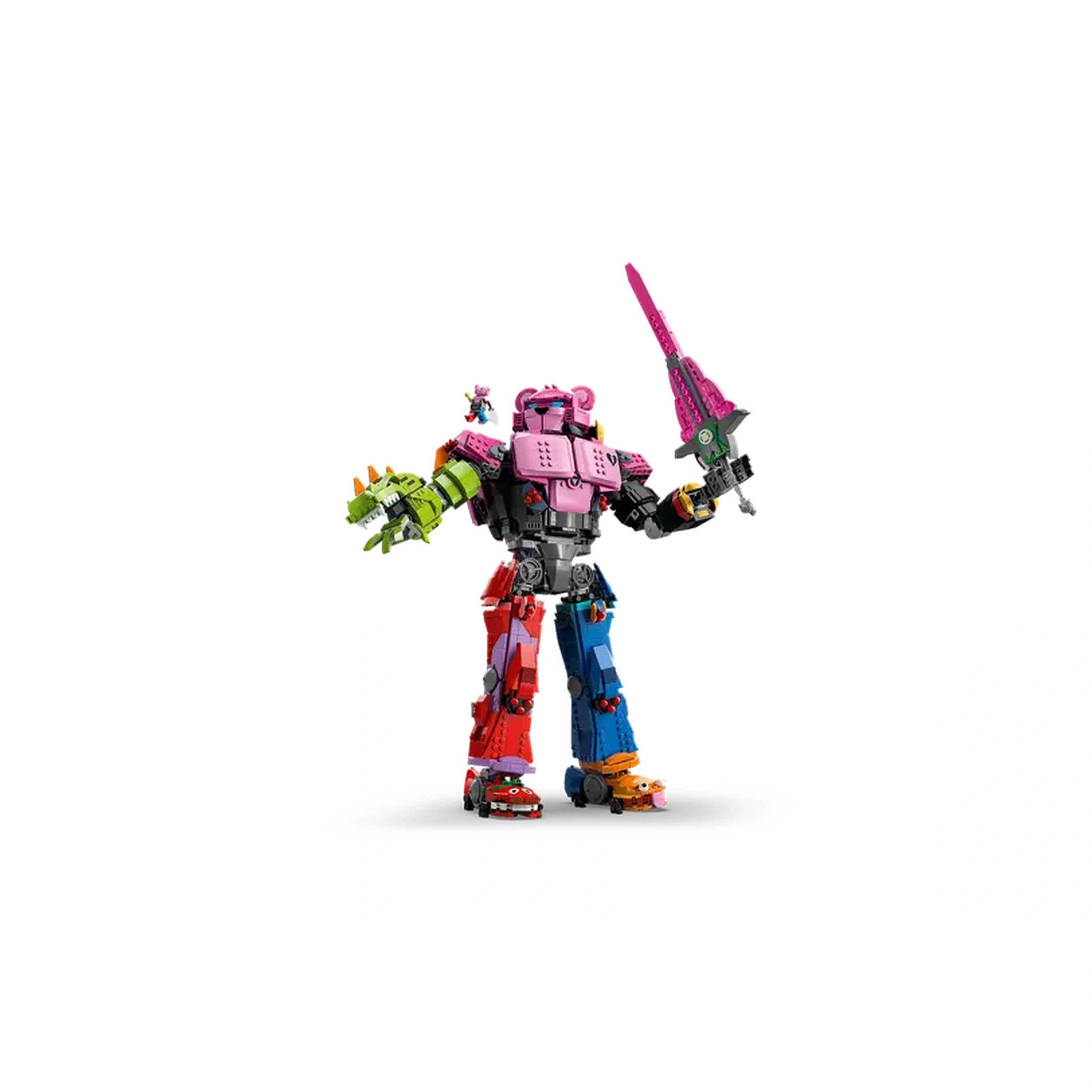 Colorful LEGO® Fortnite® Mecha Team Leader figure, featuring articulated limbs, holding a sword, with a small character on its shoulder, set against a white background.