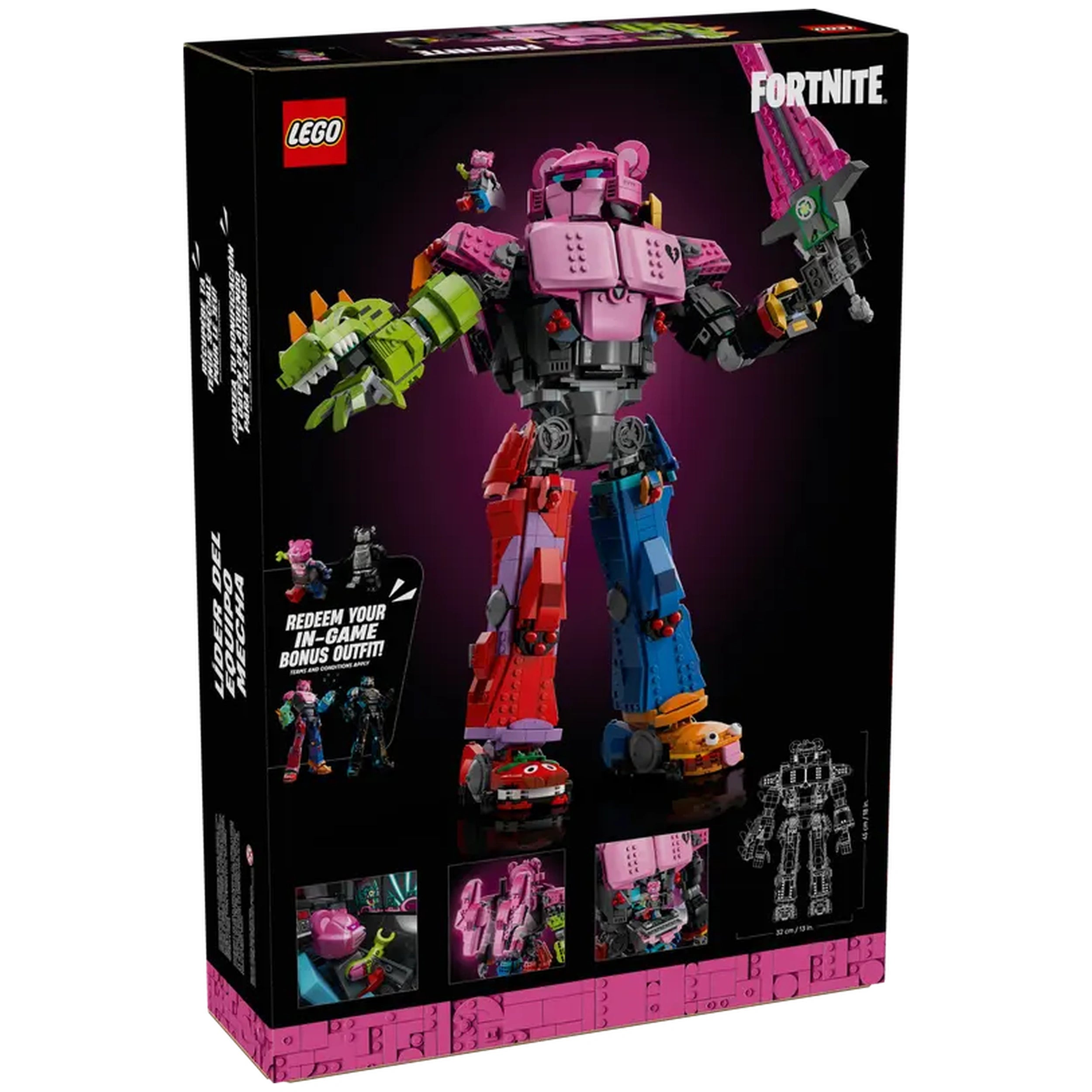 LEGO Fortnite Mecha Team Leader building set, featuring a colorful robot with pink, green, and blue elements, holding a sword.