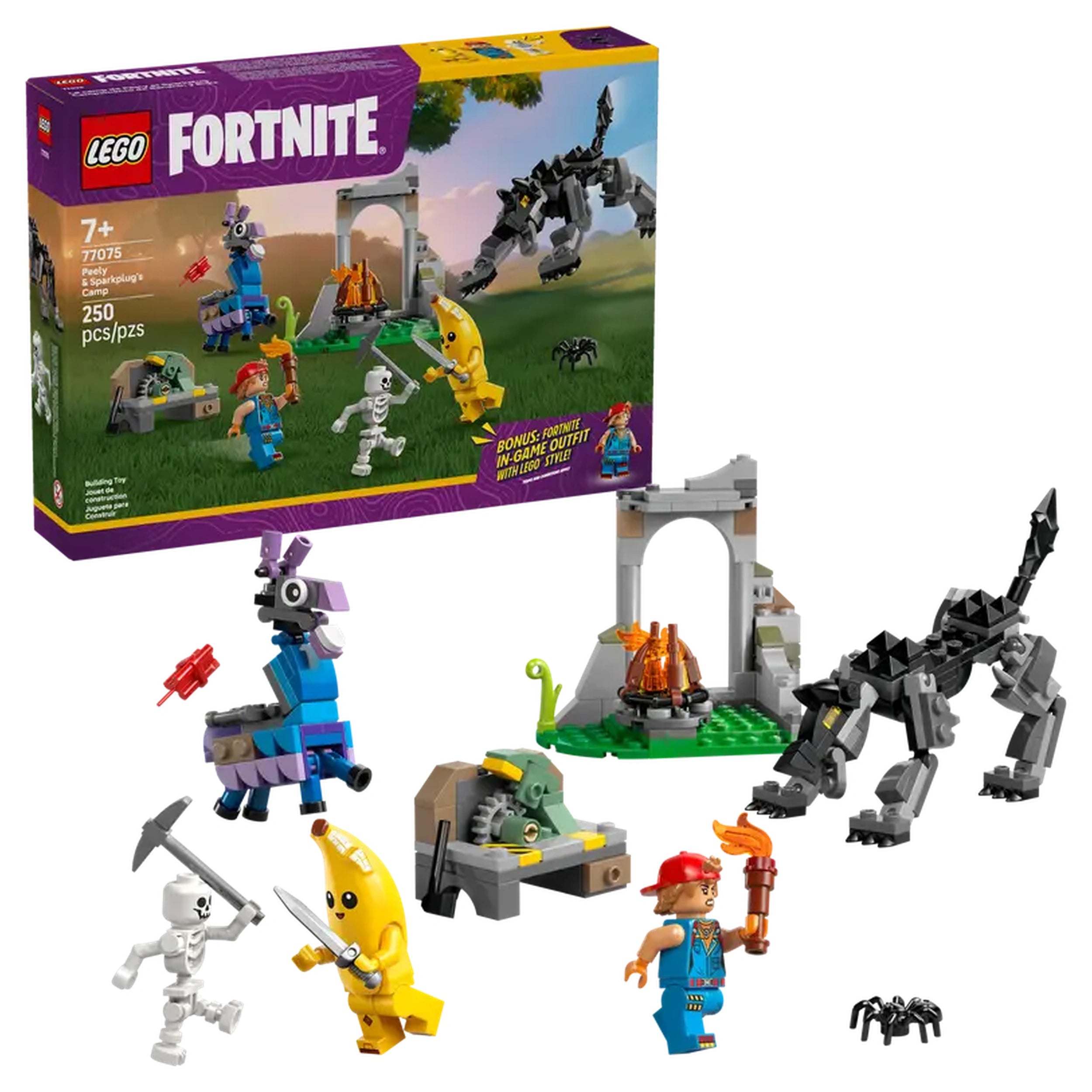 LEGO Fortnite Peely & Sparkplug’s Camp set features colorful characters, including a skeleton and a banana figure, alongside a campfire, a llama, and an interactive wolf figure.